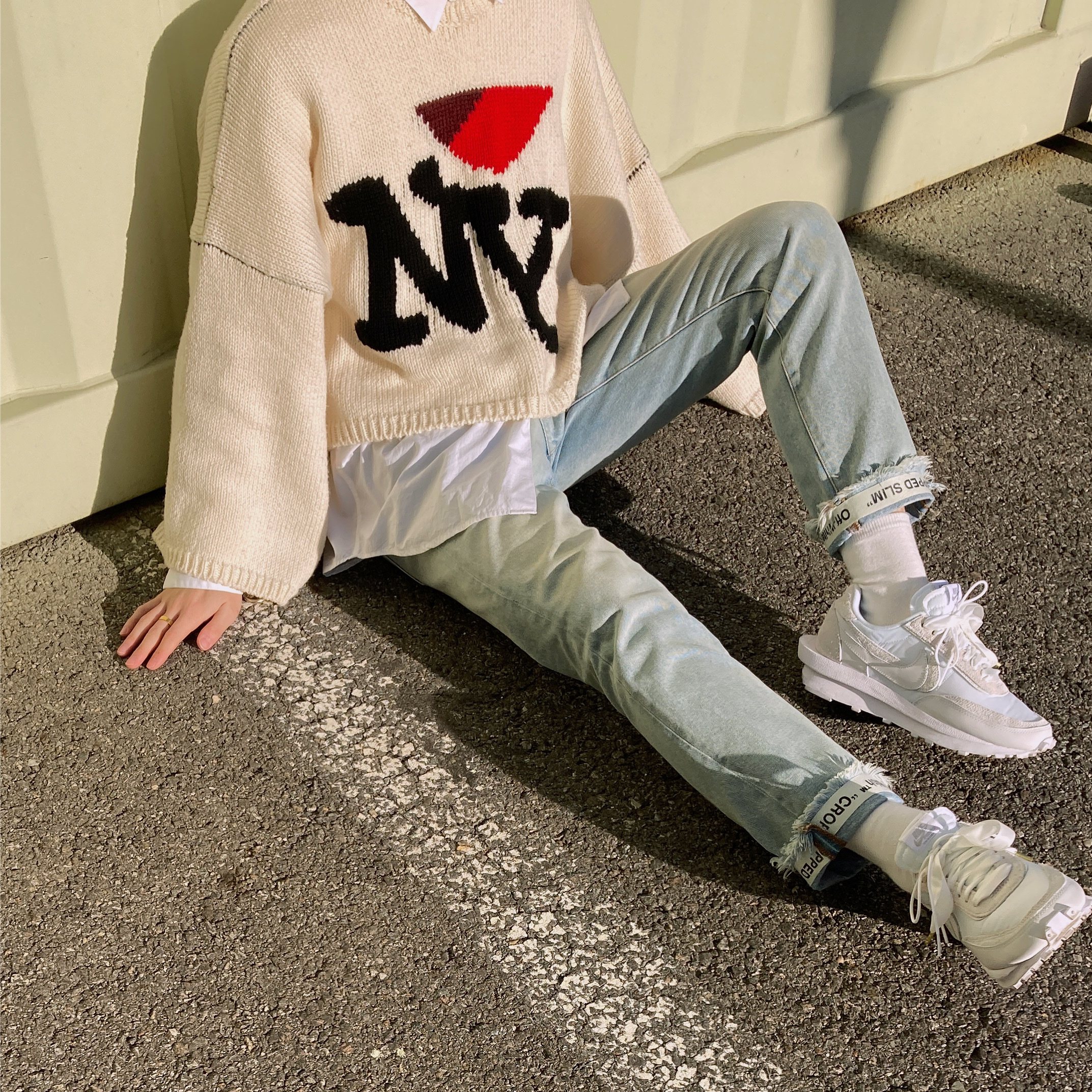 Nike x Sacai LDWaffle White Nylon 착용 스타일