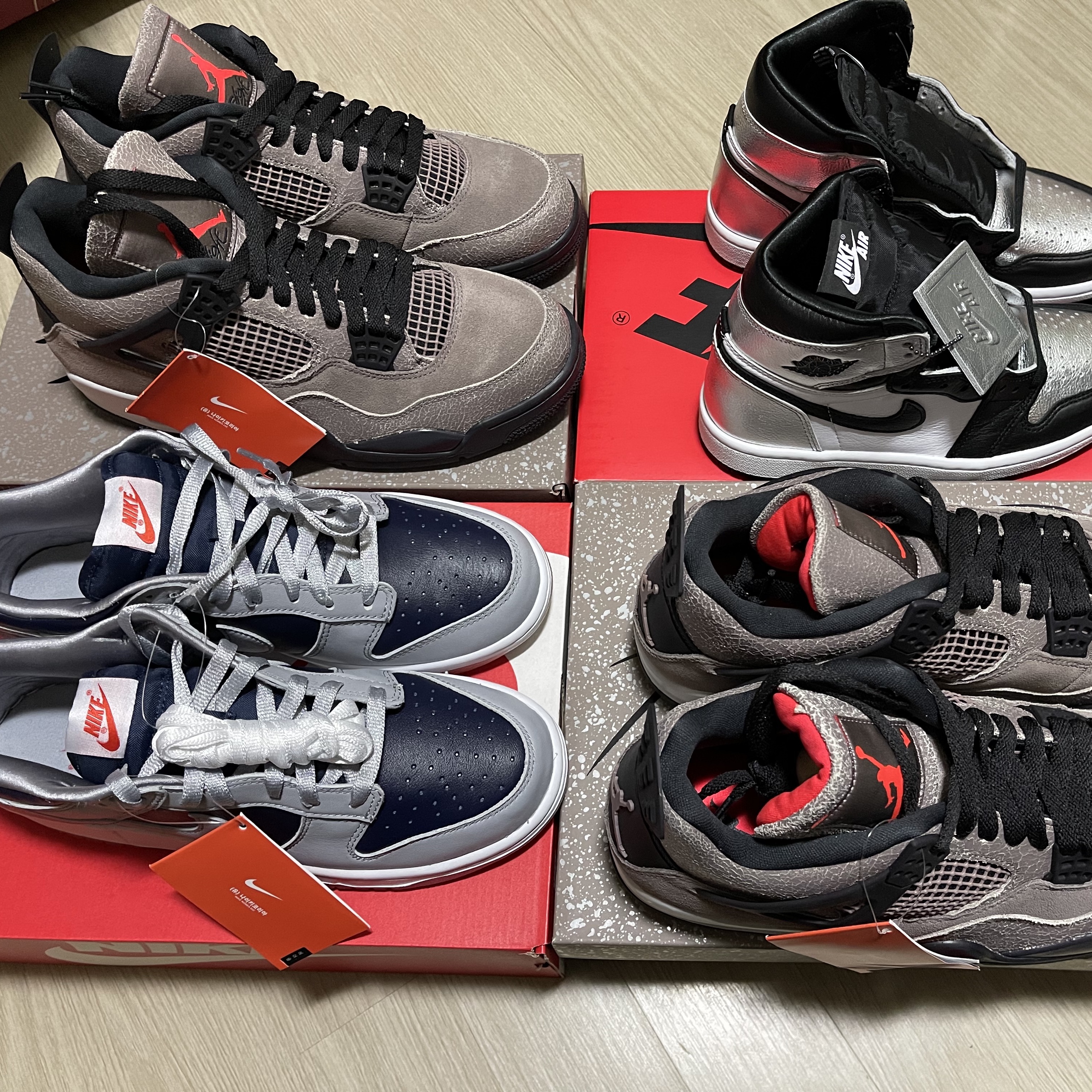 (W) Jordan 1 Retro High OG Silver Toe, Jordan 4 Retro Taupe Haze 착용 스타일