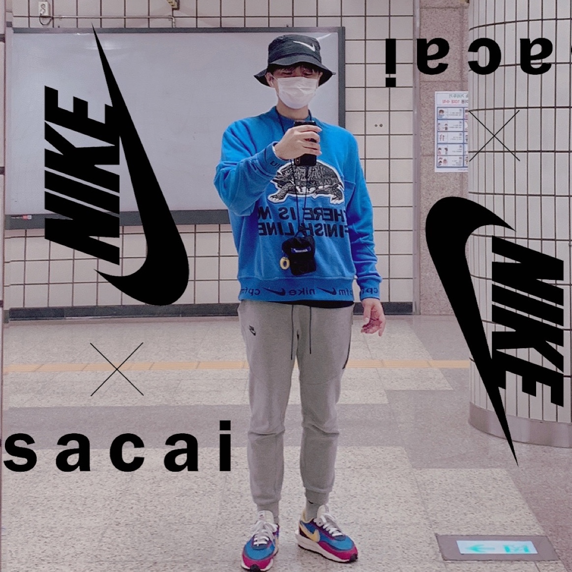 Nike x Sacai LDWaffle Blue Multi, Nike x Cactus Plant Flea Market Fleece Crewneck Blue 착용 스타일