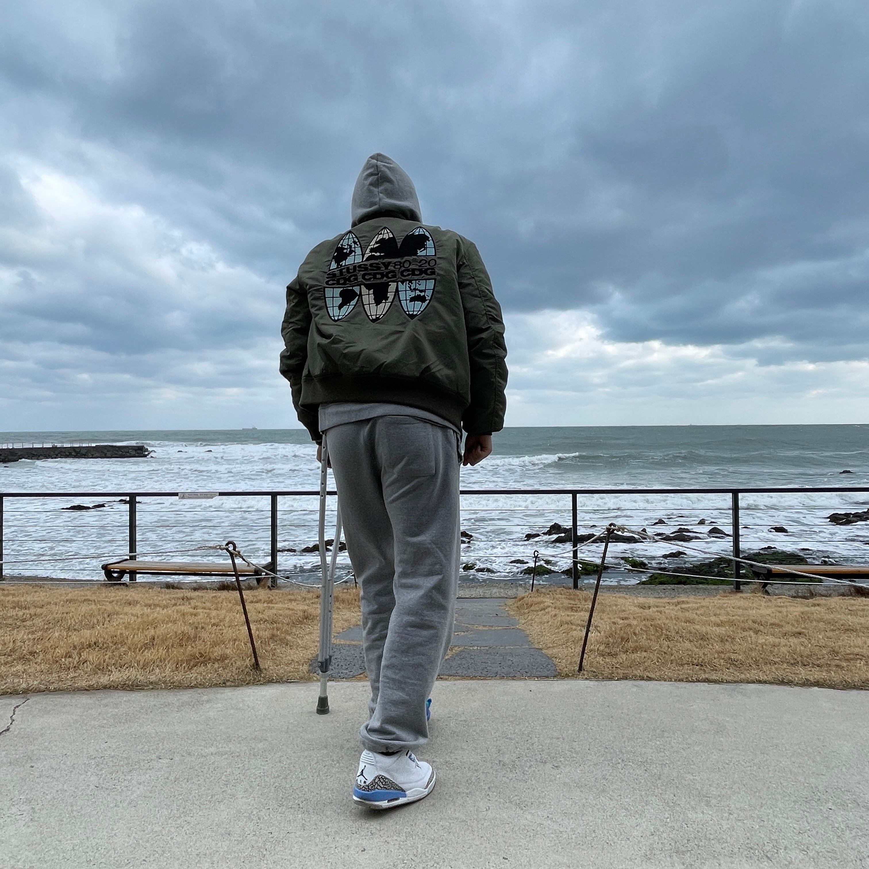 Stussy x CDG MA-1 Jacket Olive, Jordan 3 Retro UNC 2020 착용 스타일