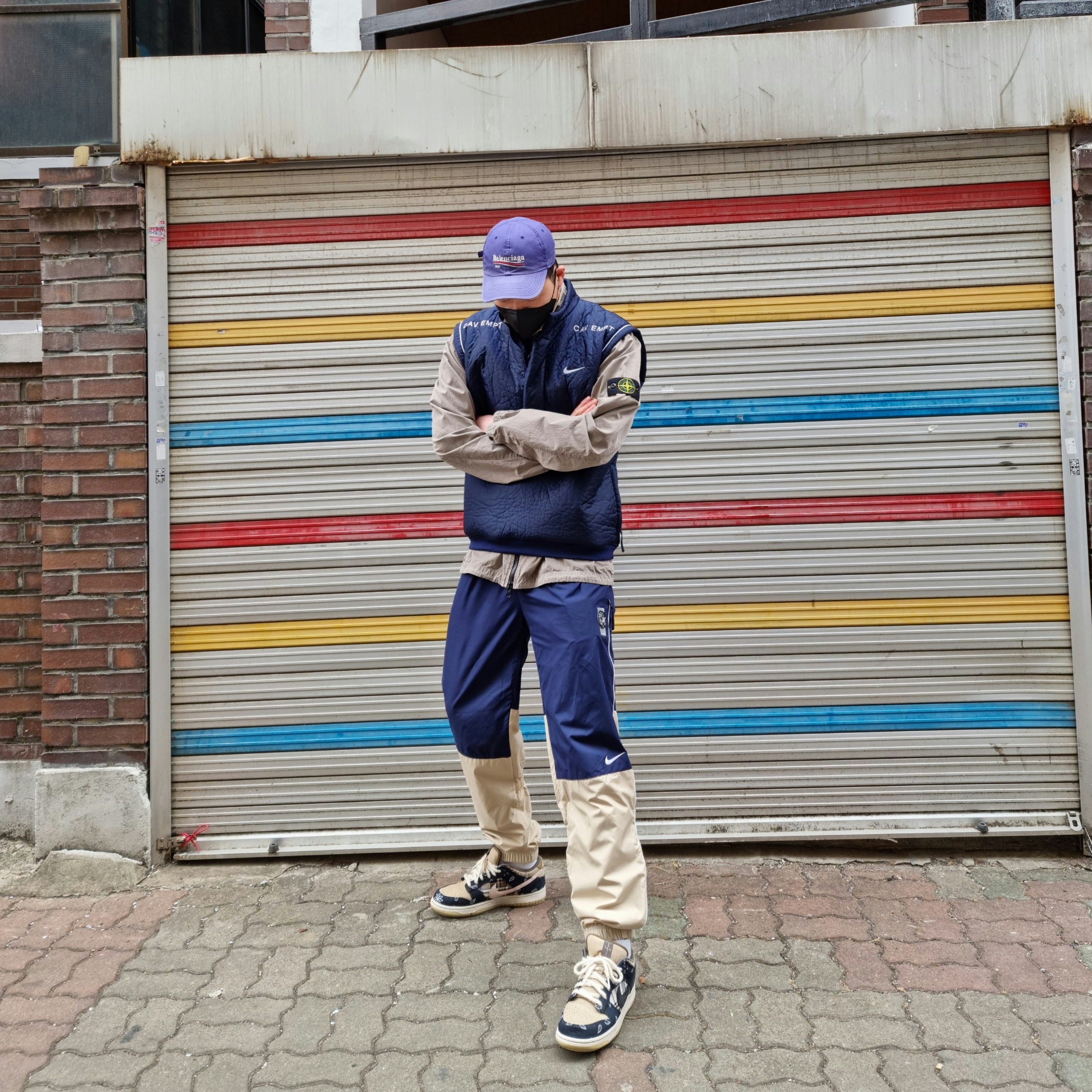 Nike x Cav Empt Vest Navy, Nike x Cav Empt Track Pants Navy 착용 스타일
