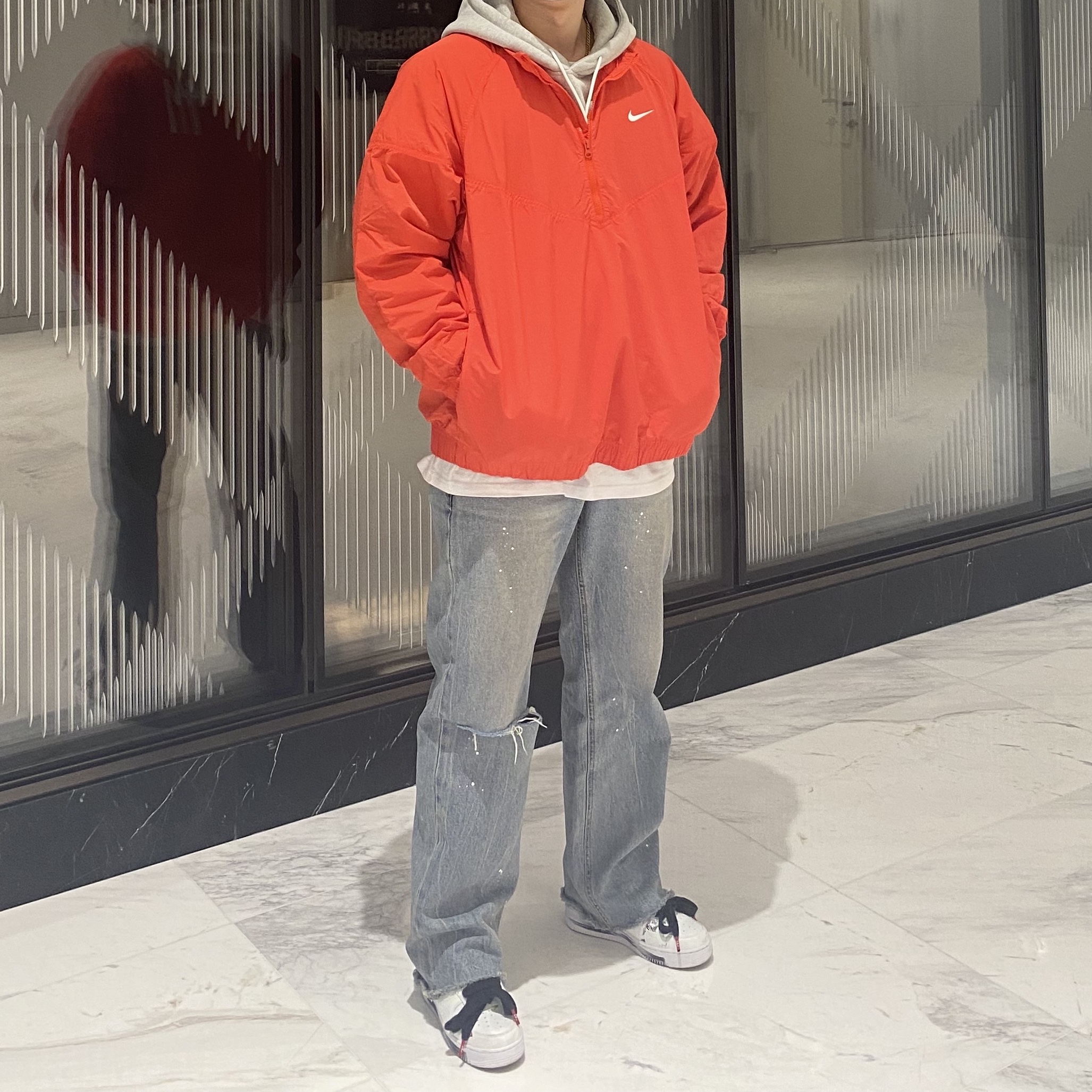 Nike x Peaceminusone Air Force 1 Low Para-Noise 2.0, Nike x Stussy Windrunner Jacket Habanero Red 착용 스타일