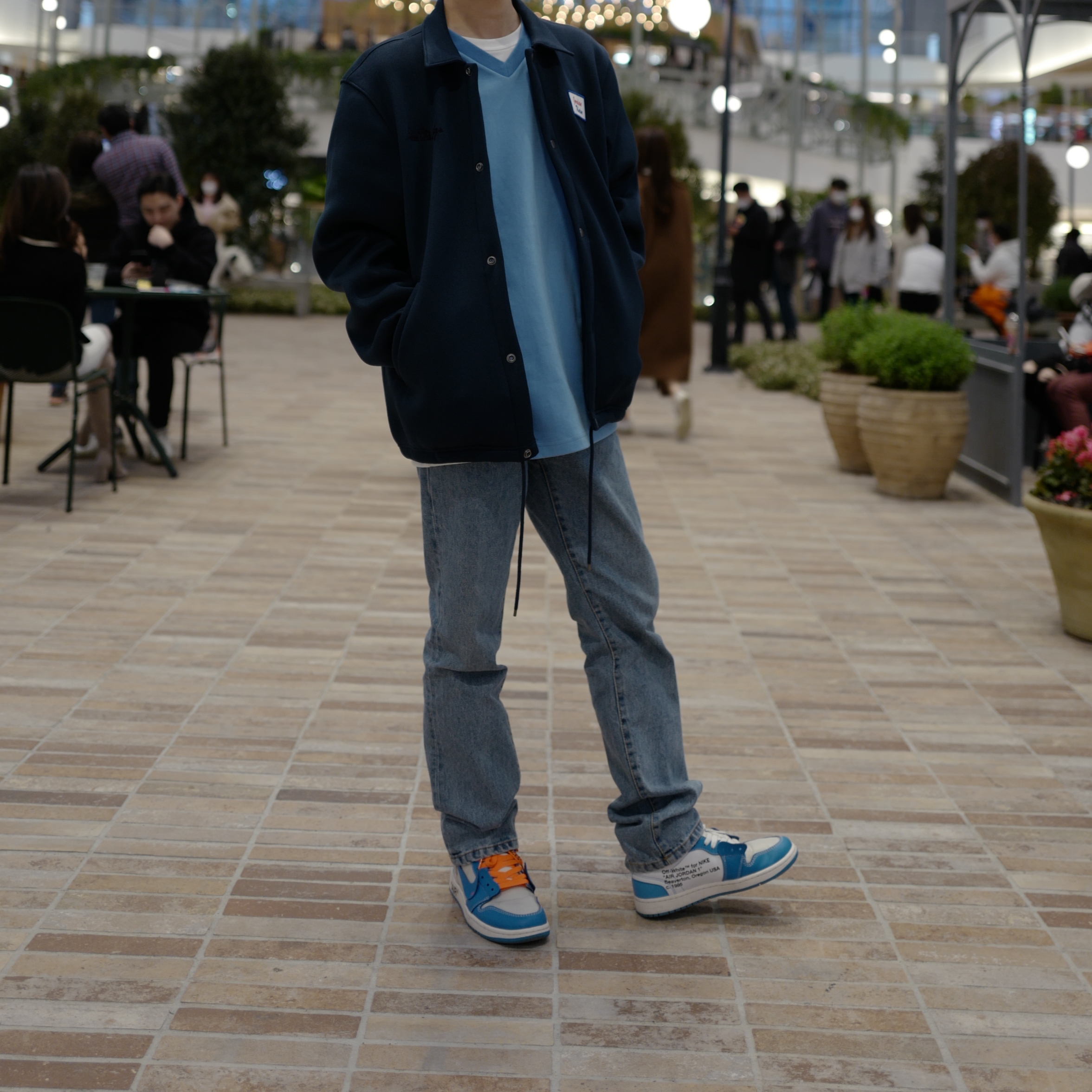 Jordan 1 x Off-White Retro High University Blue, Jordan x Union Coaches Jacket Navy 착용 스타일