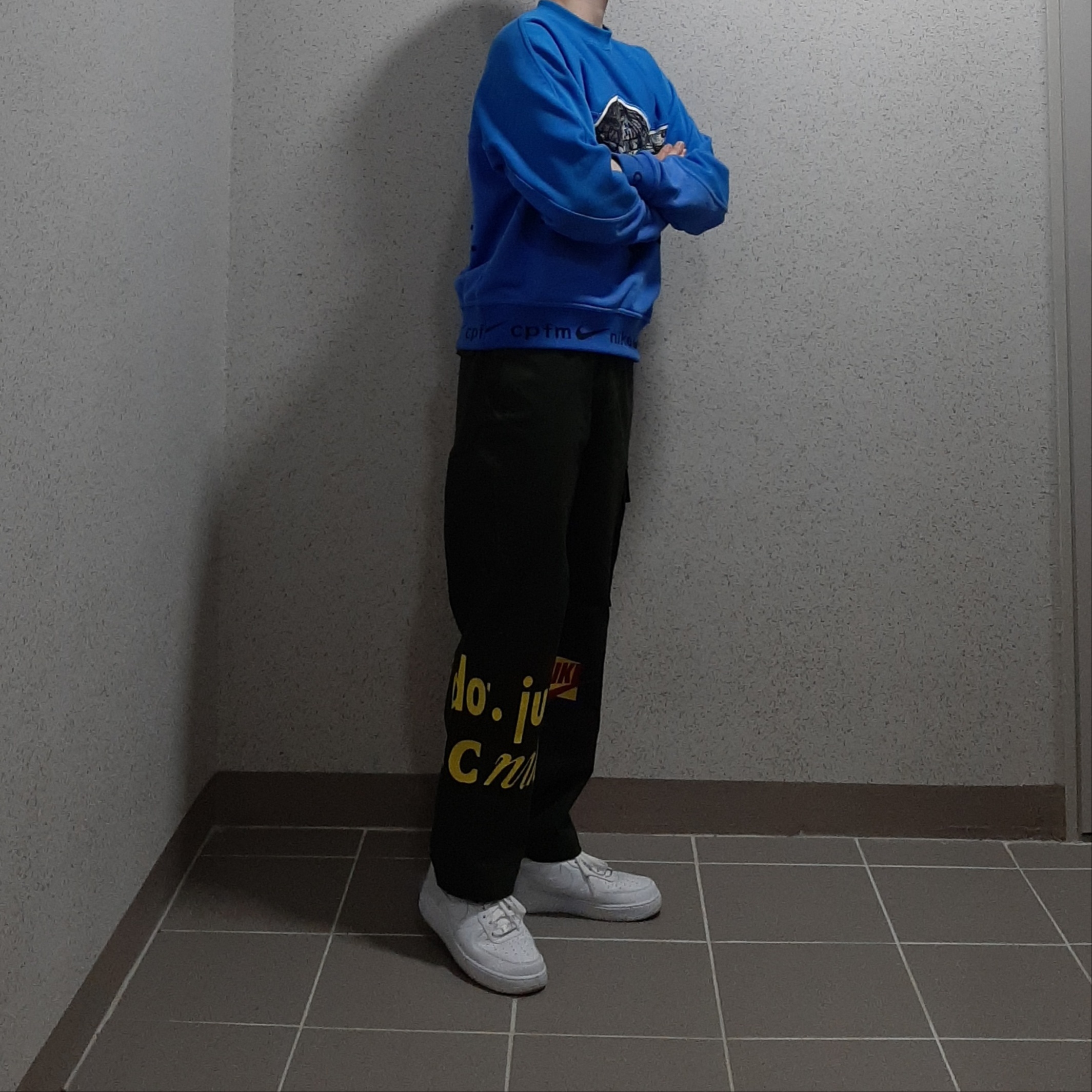 Nike x Cactus Plant Flea Market Fleece Crewneck Blue, Nike x Cactus Plant Flea Market Track Pants Olive 착용 스타일