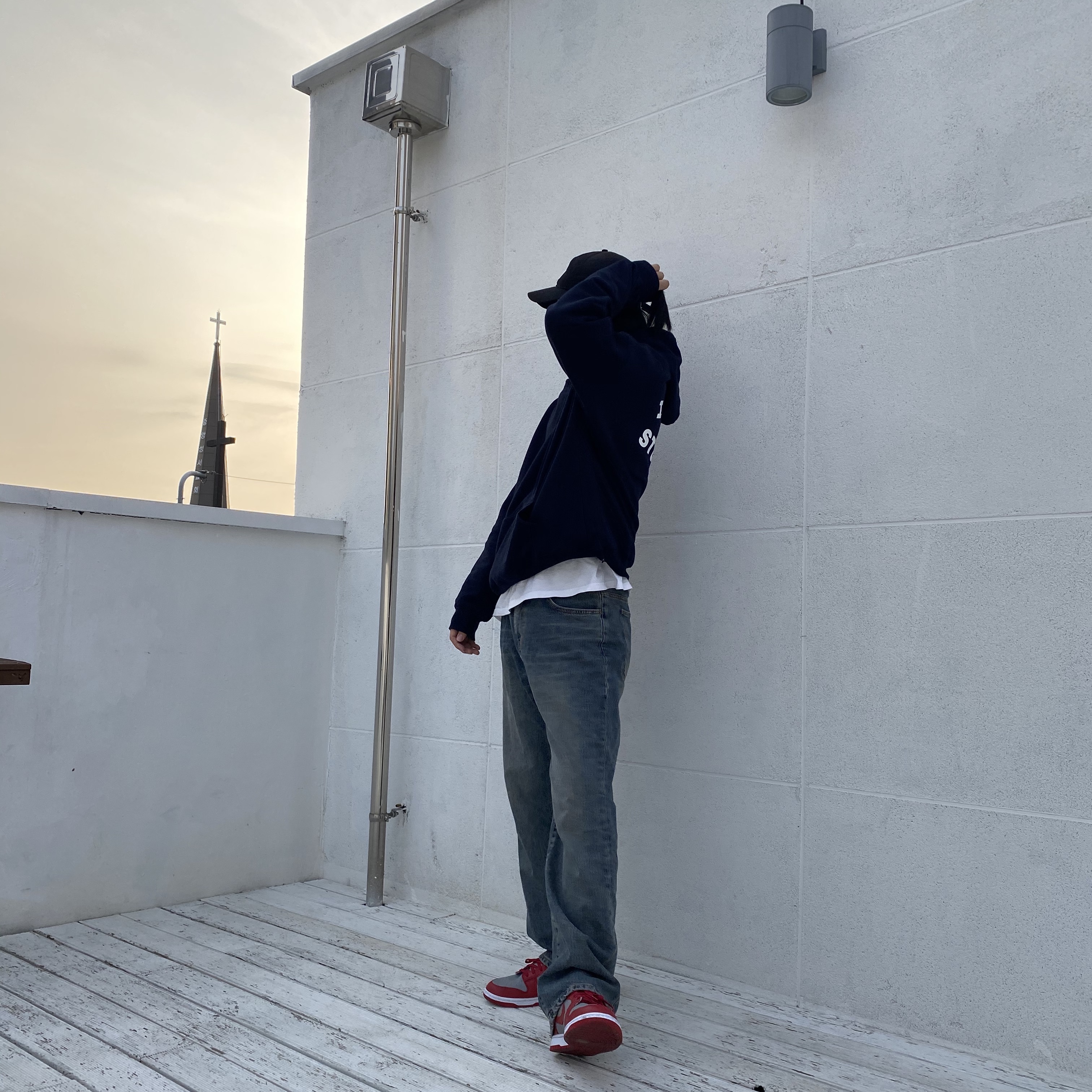 IAB Studio Hoodie Navy - 21SS, Nike Dunk Low Retro Medium Grey 착용 스타일