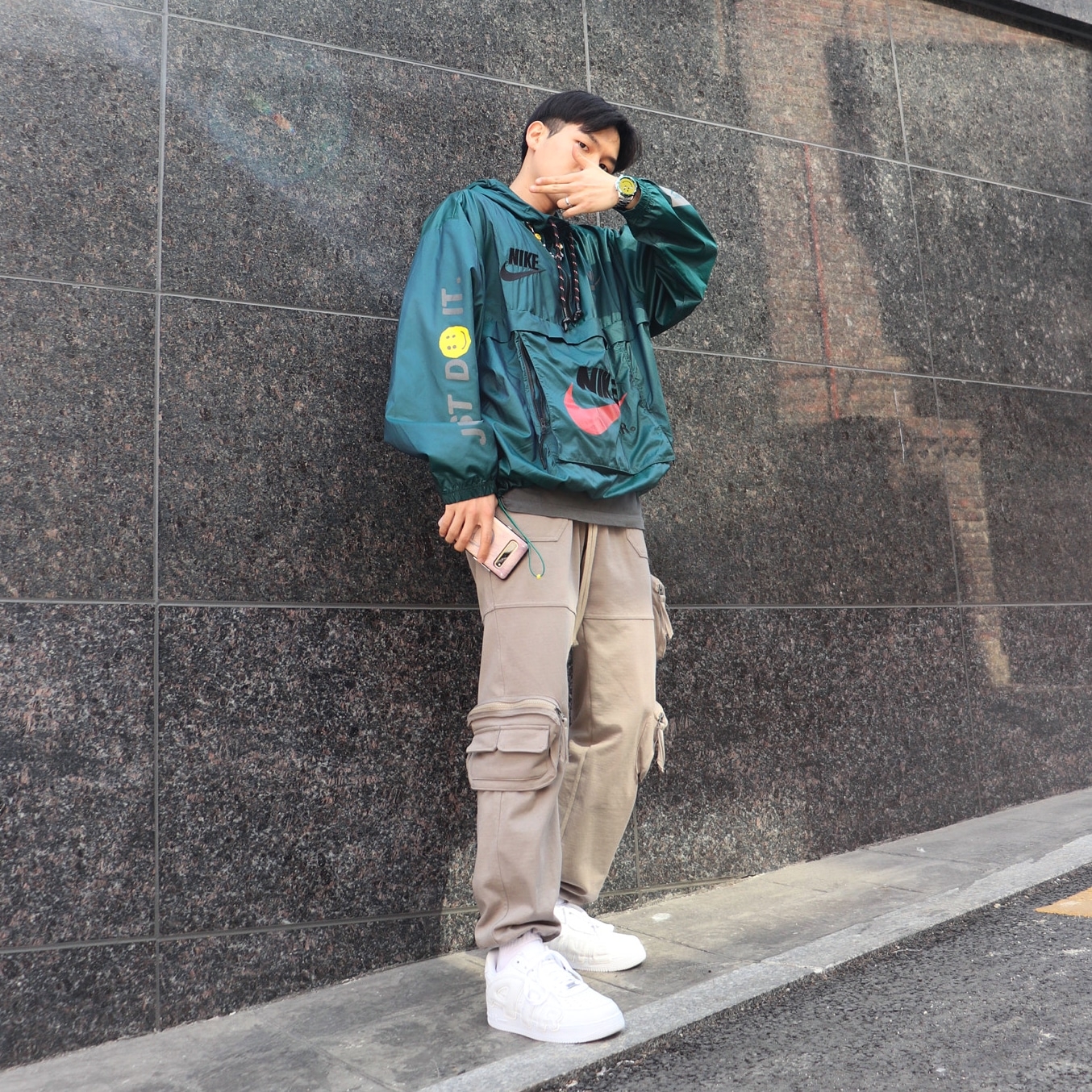 Nike x Cactus Plant Flea Market Air Force 1 Low Premium White, Nike x Cactus Plant Flea Market Anorak Teal 착용 스타일