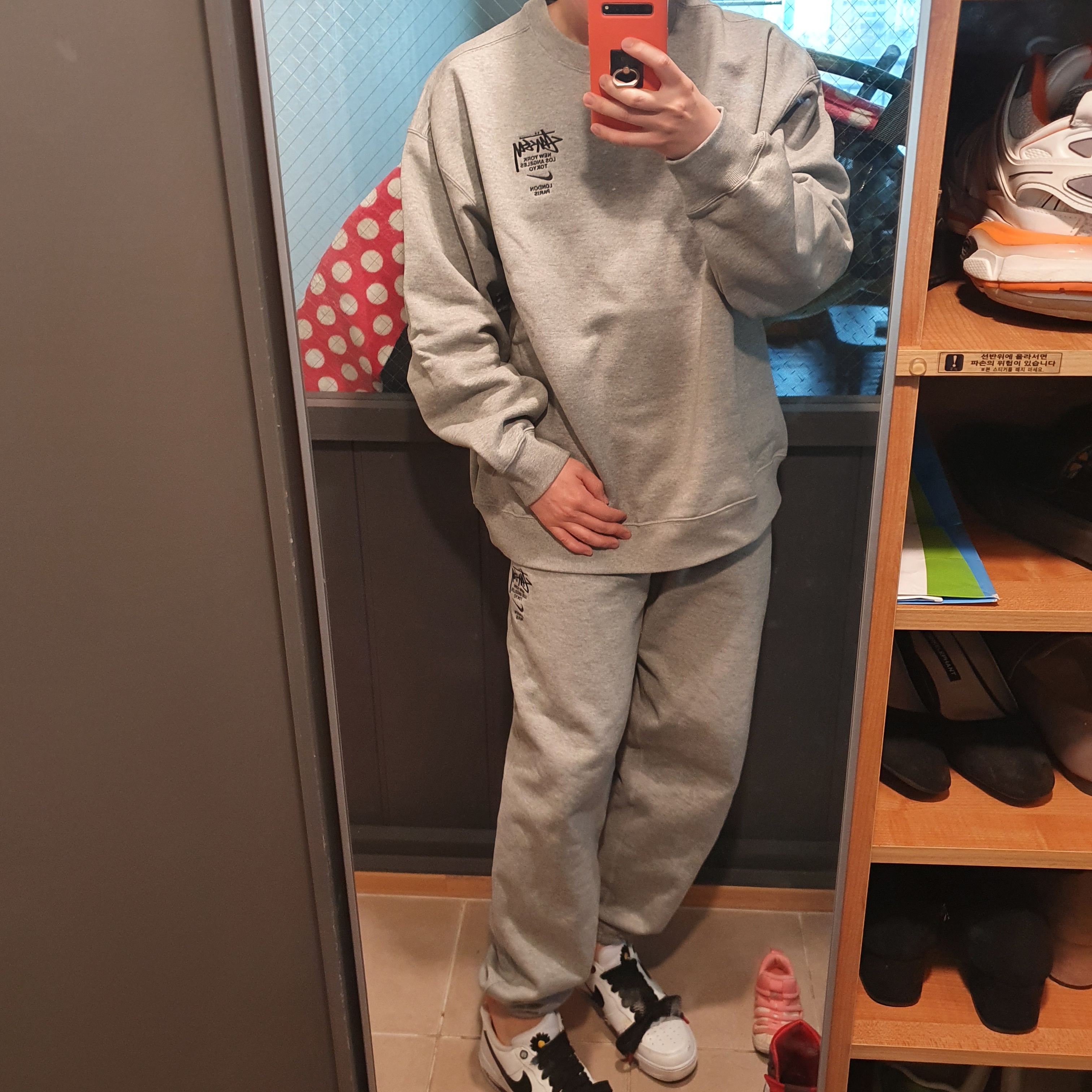 Nike x Stussy NRG ZR Fleece Crewneck Heather Grey - US/EU, Nike x Stussy NRG ZR Fleece Pants Heather Grey - US/EU 착용 스타일