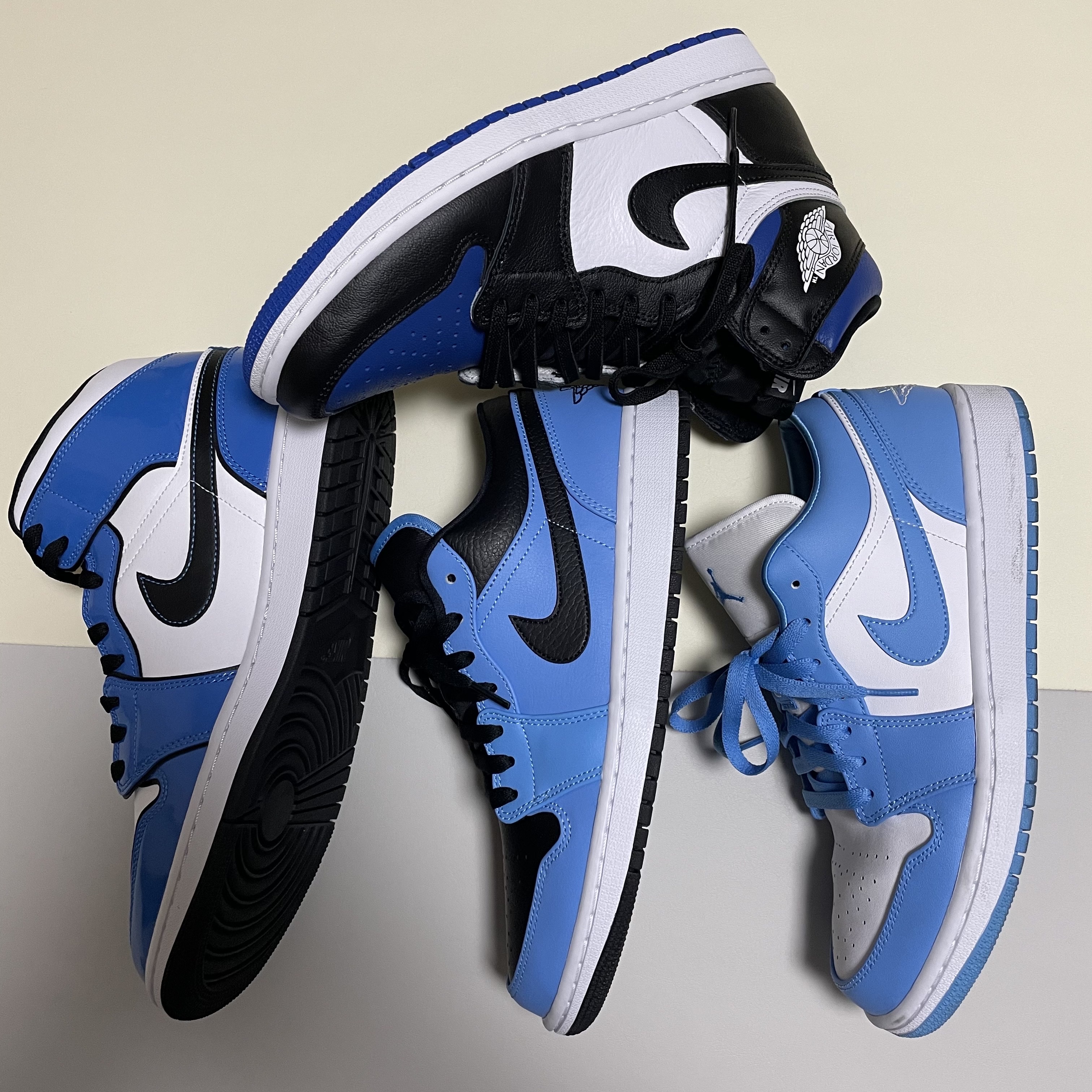 Jordan 1 Low University Blue Black, Jordan 1 Retro High OG Royal Toe 착용 스타일