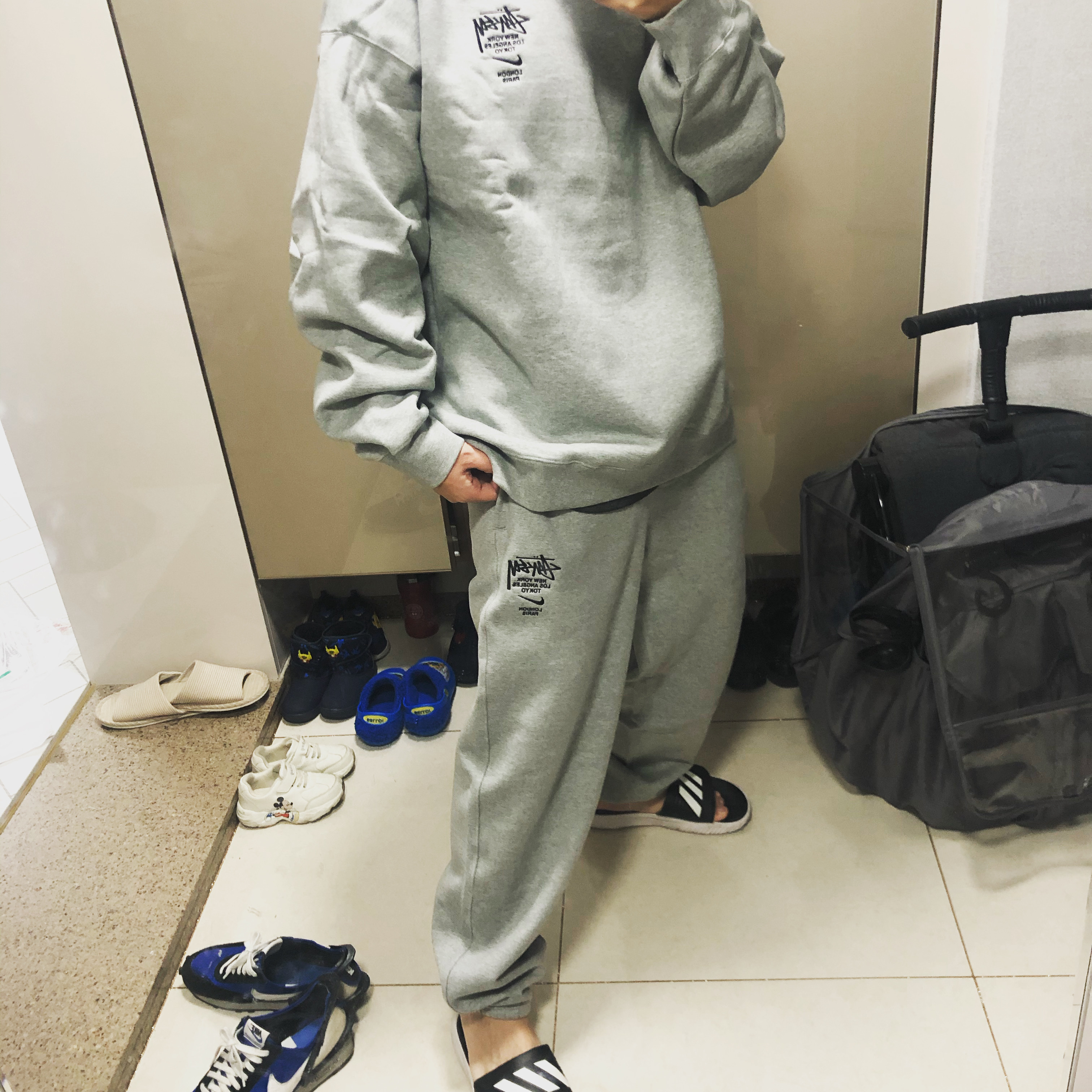 Nike x Stussy NRG ZR Fleece Crewneck Heather Grey - US/EU, Nike x Stussy NRG ZR Fleece Pants Heather Grey - US/EU 착용 스타일