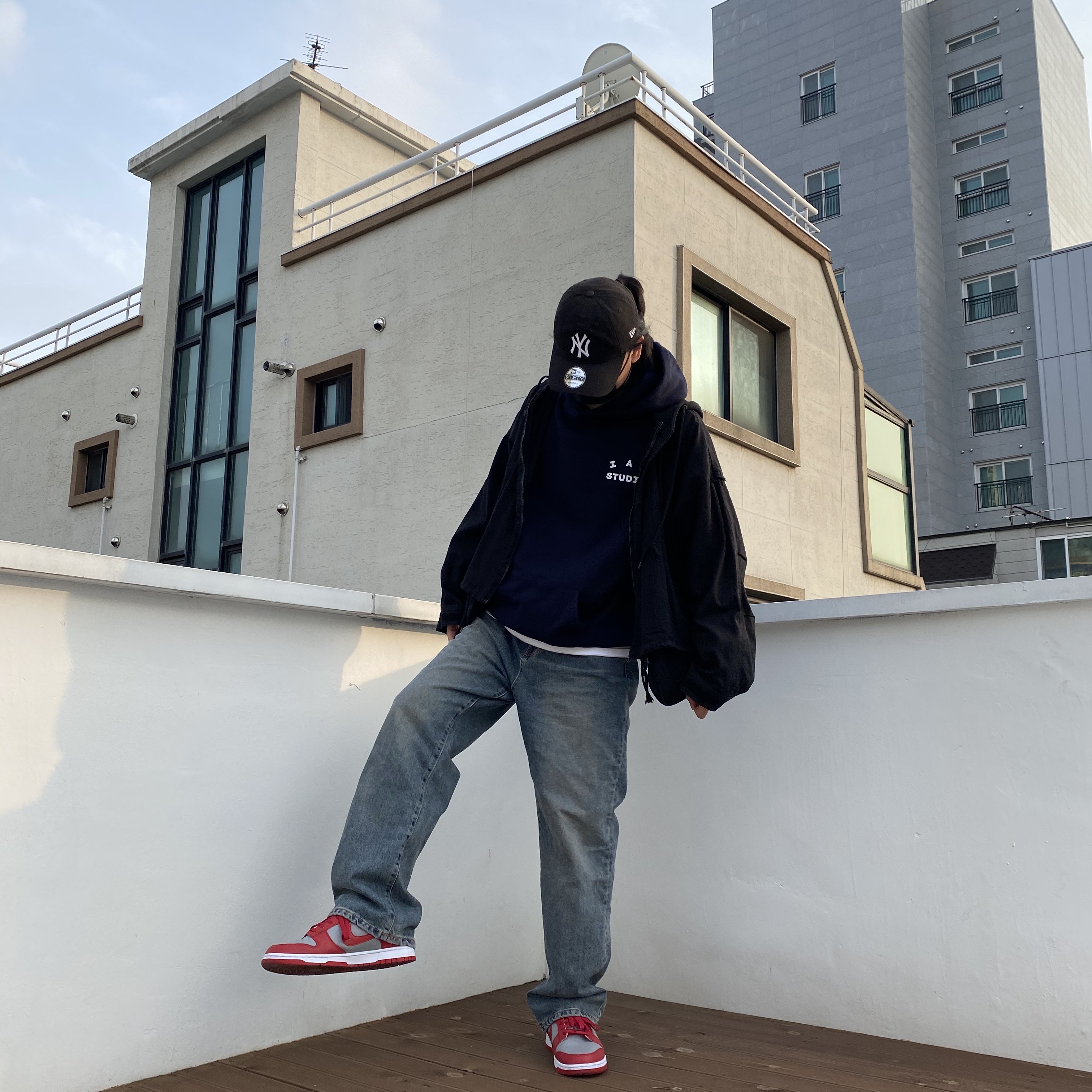 Nike Dunk Low Retro Medium Grey, IAB Studio Hoodie Navy - 21SS 착용 스타일