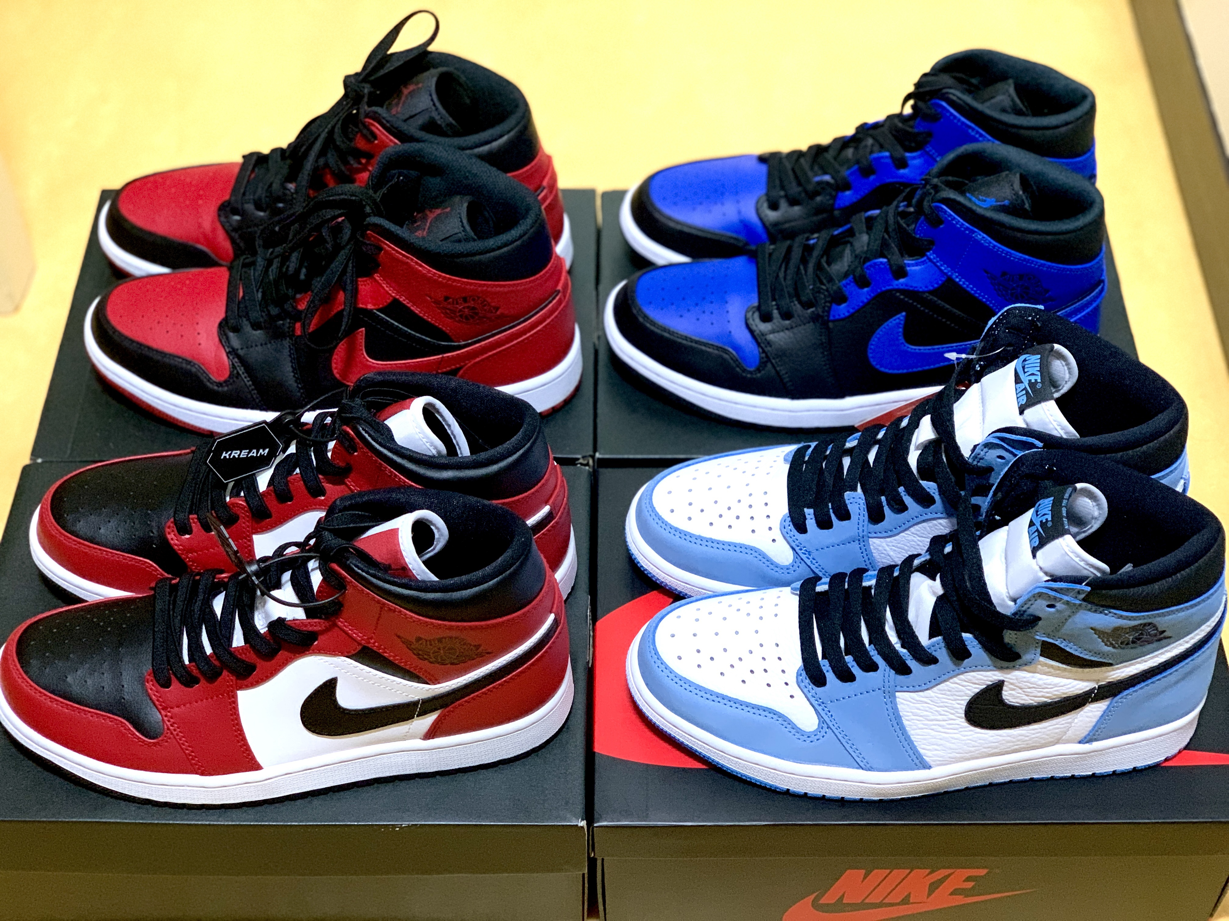 Jordan 1 Retro High OG University Blue, Jordan 1 Mid Bred Banned 2020 착용 스타일