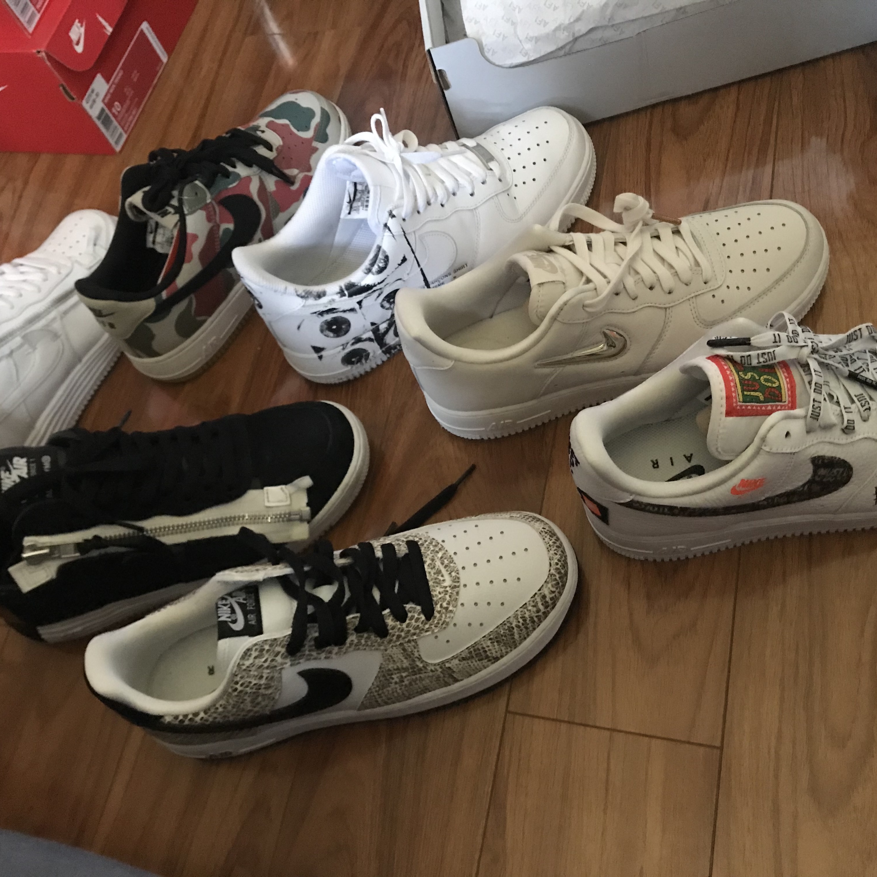 Nike x Comme des Garcons Shirt x Supreme Air Force 1 Low Eyes, Nike Air Force 1 Low Retro Cocoa Snake 2018 착용 스타일