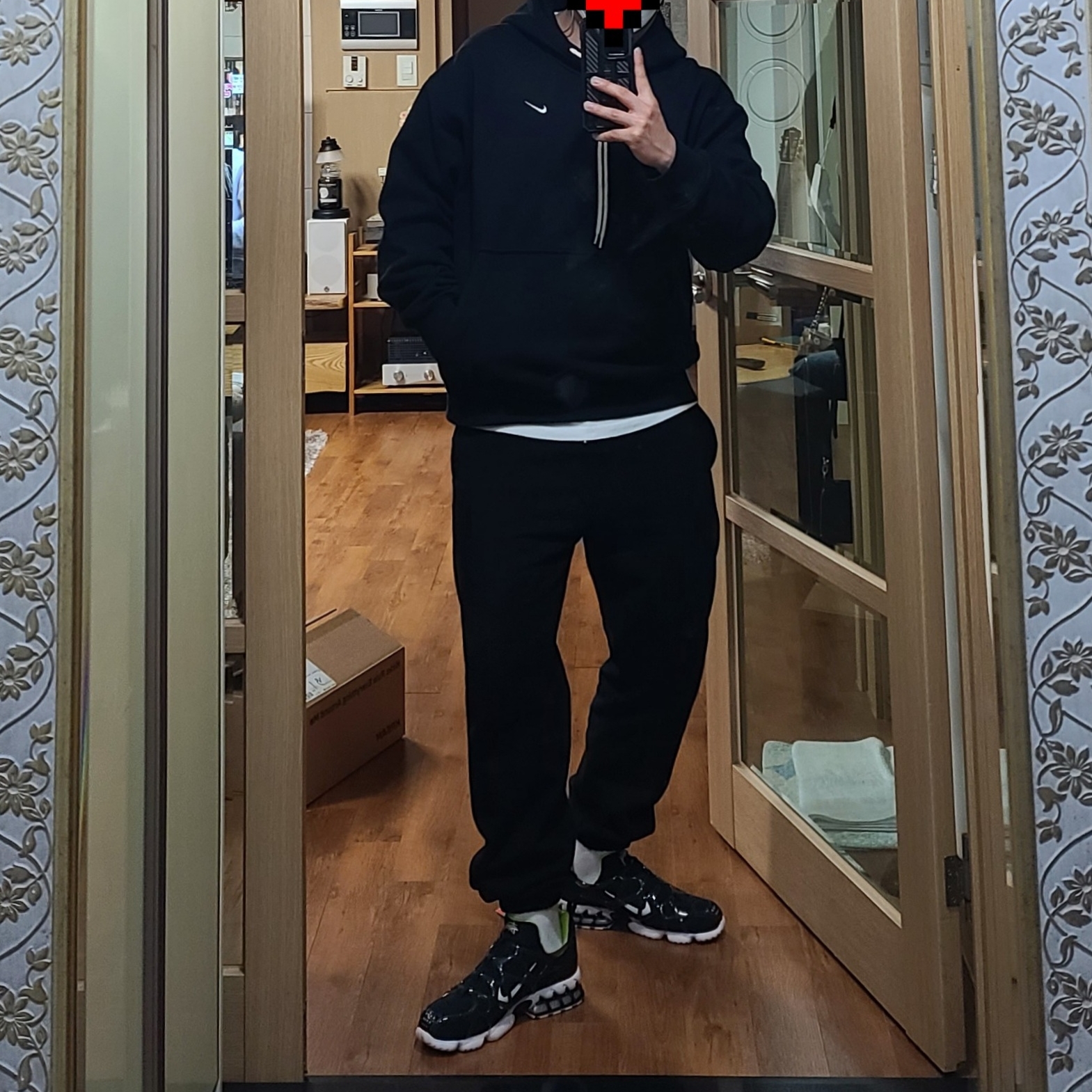 Nike x Stussy Air Zoom Spiridon Kukini Black, Nike M NRG Hoodie Black 착용 스타일