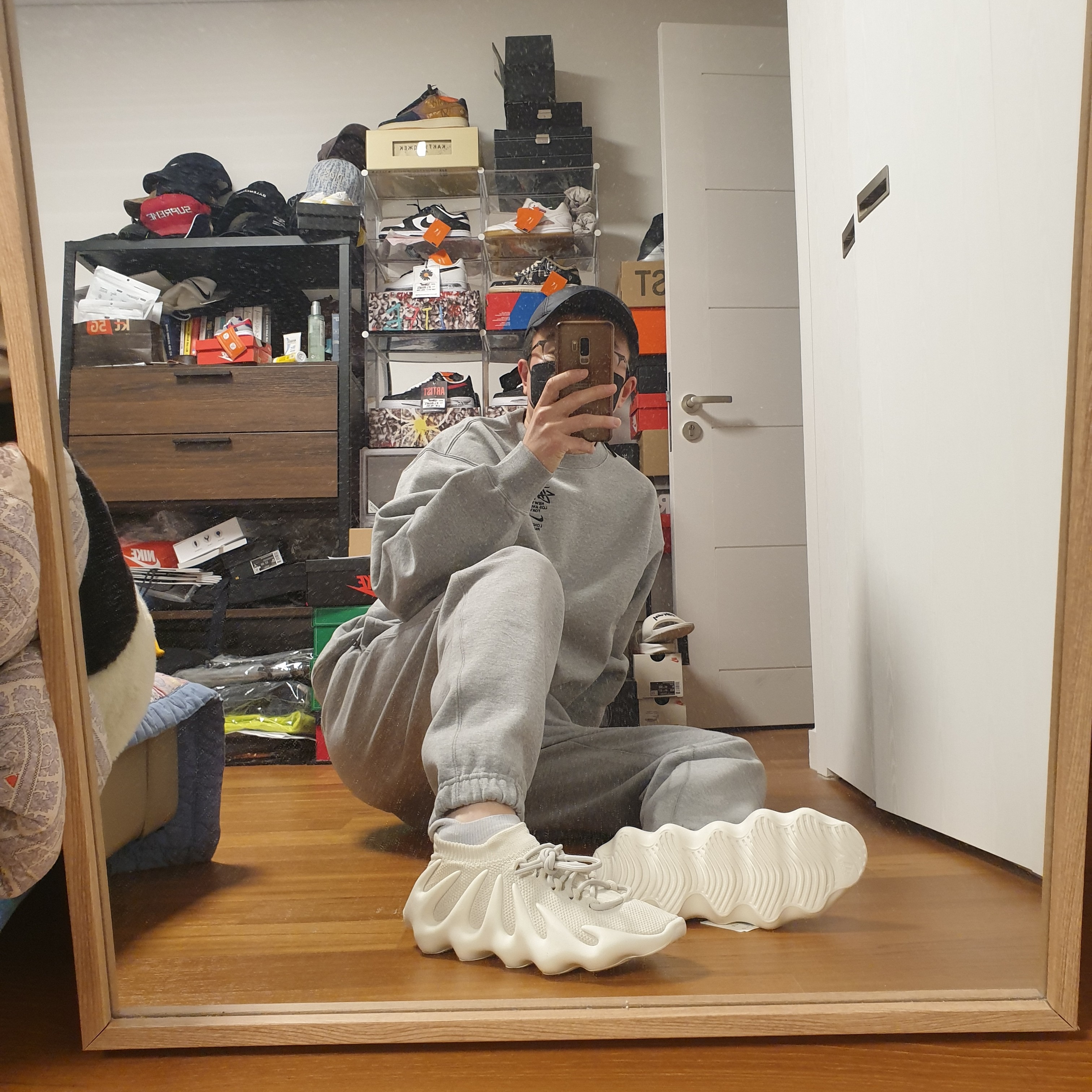 Nike x Stussy NRG ZR Fleece Crewneck Heather Grey - US/EU, Nike NRG Solo Swoosh Fleece Pants Dark Grey Heather - US/EU 착용 스타일 - 2