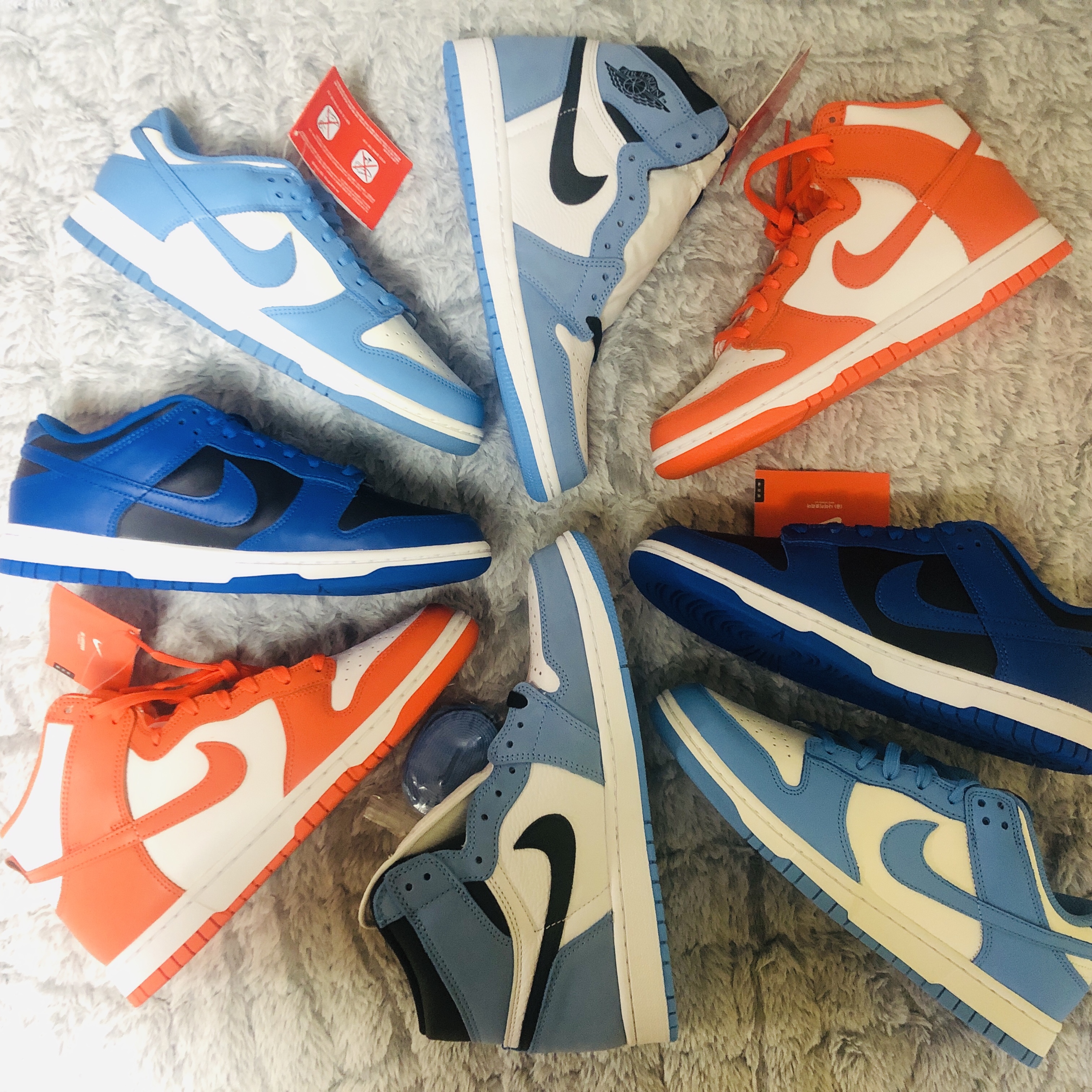 Jordan 1 Retro High OG University Blue, Nike Dunk High Retro Orange Blaze 착용 스타일