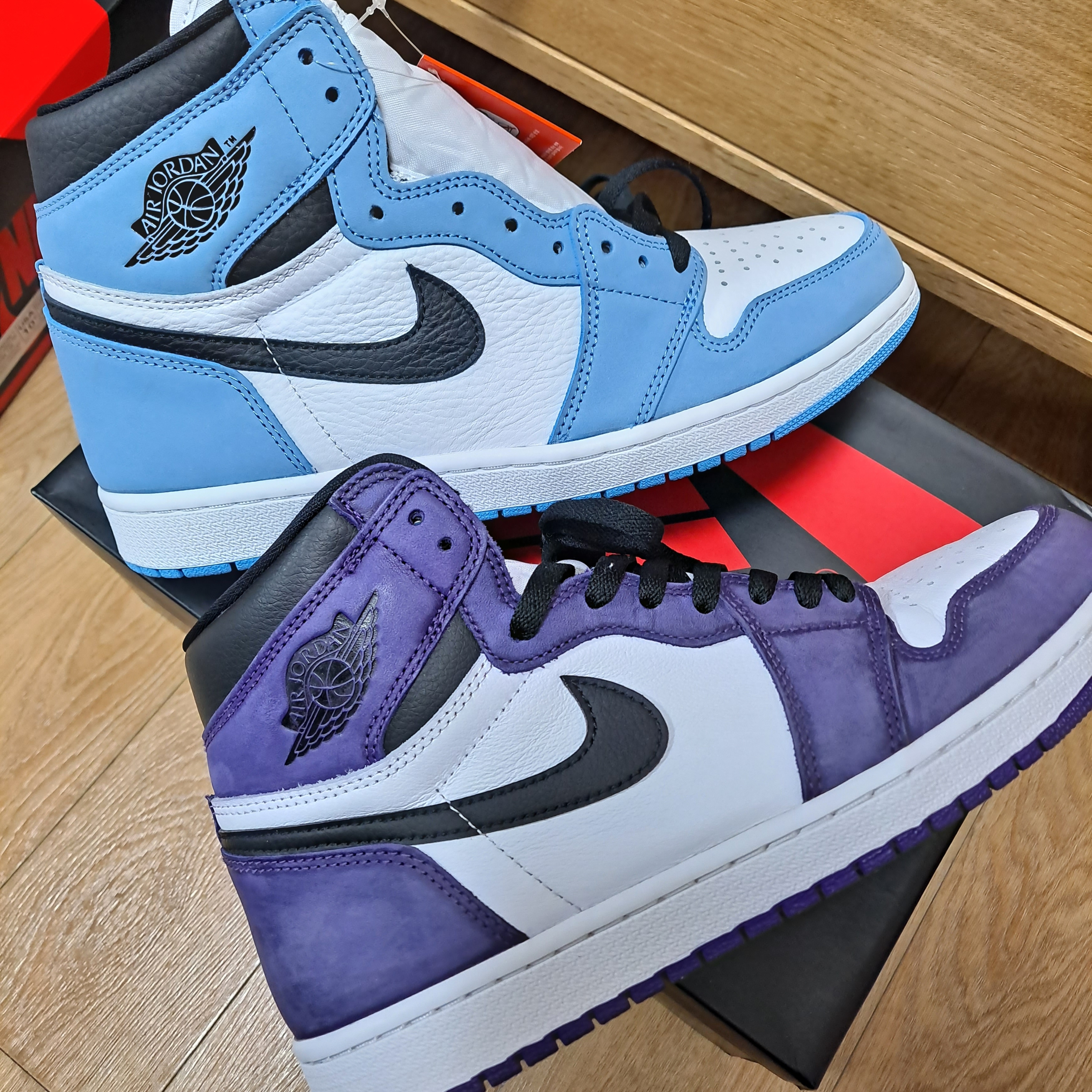 Jordan 1 Retro High OG University Blue, Jordan 1 Retro High OG Court Purple 2020 착용 스타일 - 2