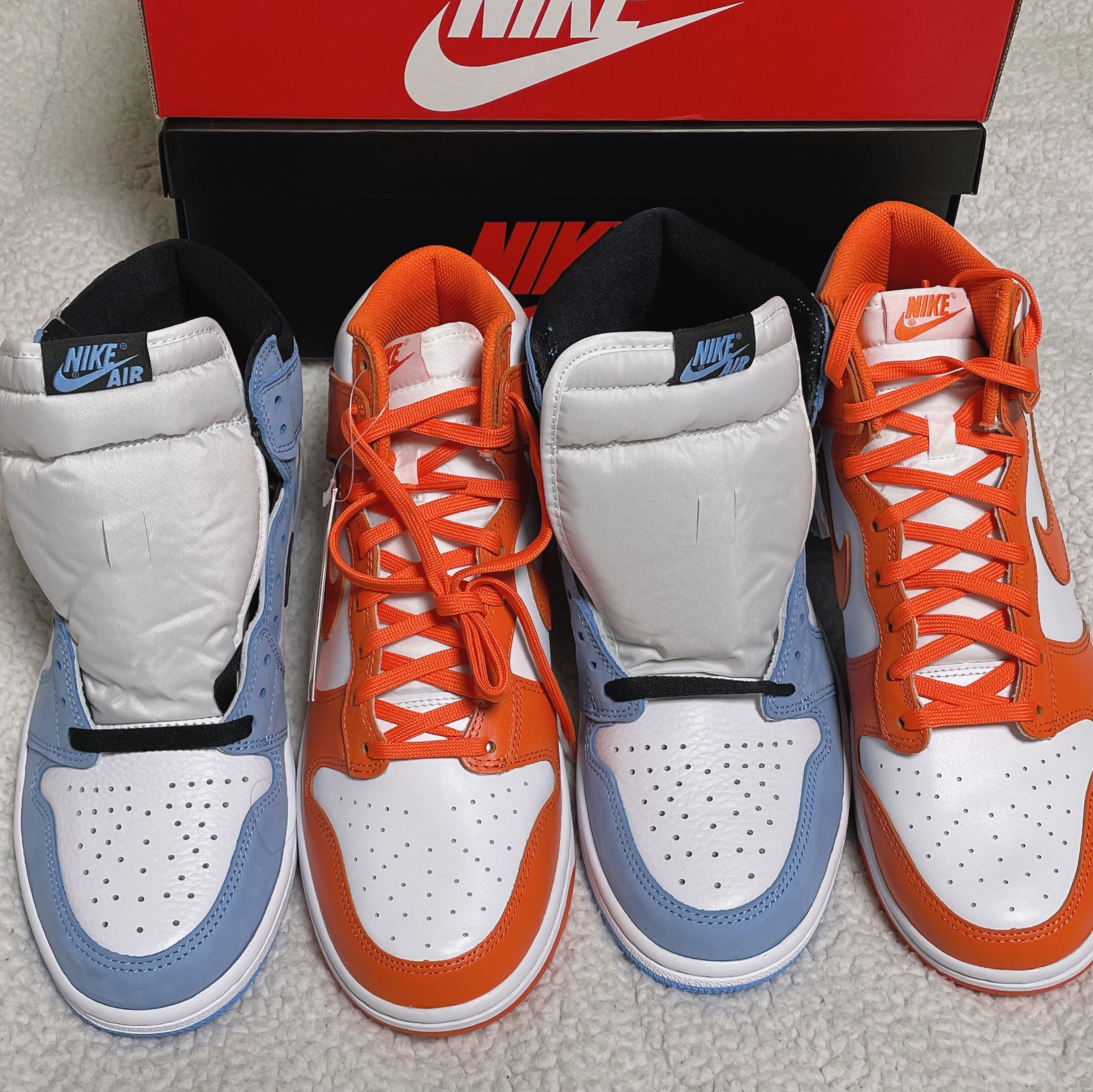 Nike Dunk High Retro Orange Blaze, Jordan 1 Retro High OG University Blue 착용 스타일
