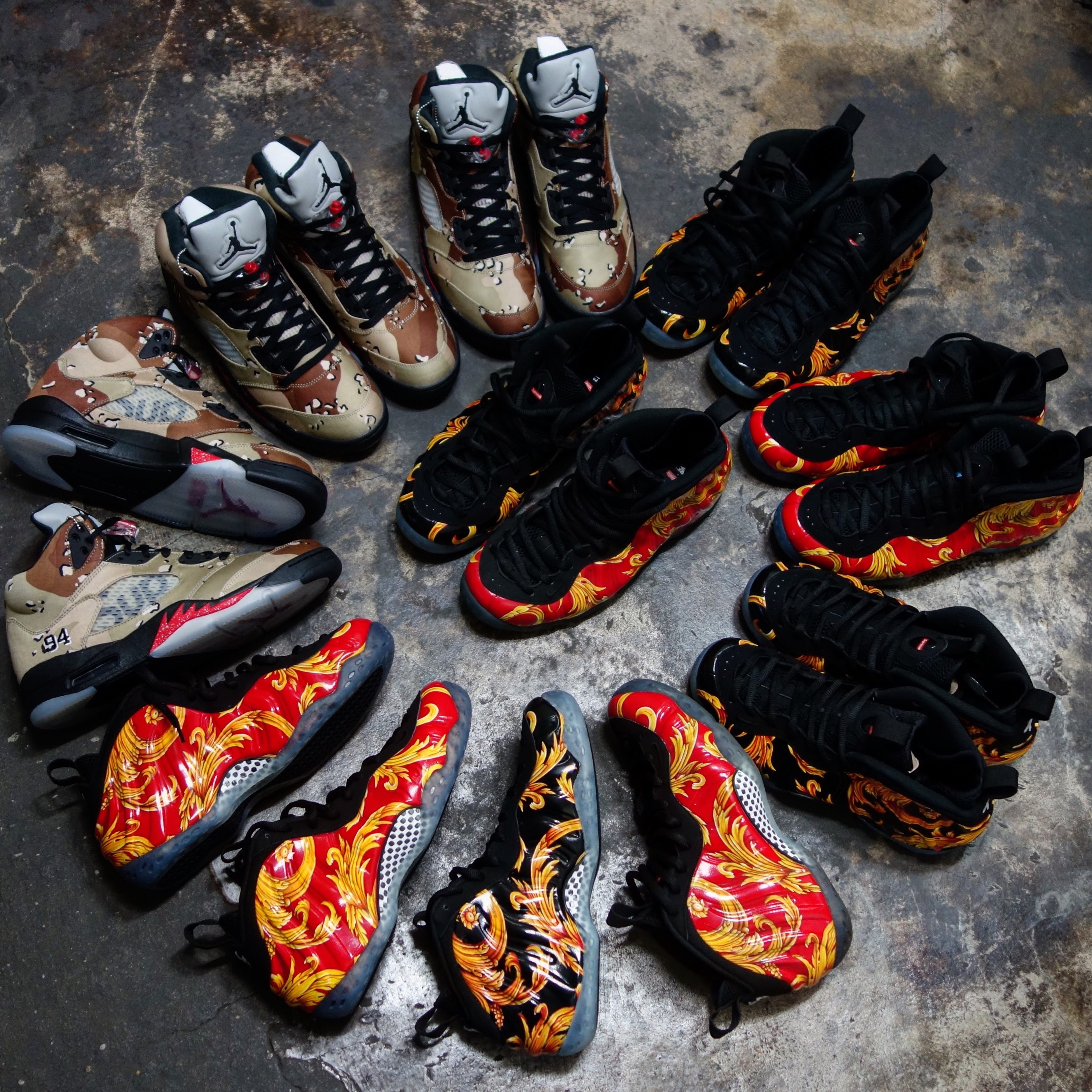 Jordan 5 x Supreme Retro Desert Camo, Nike x Supreme Air Foamposite One Black 착용 스타일