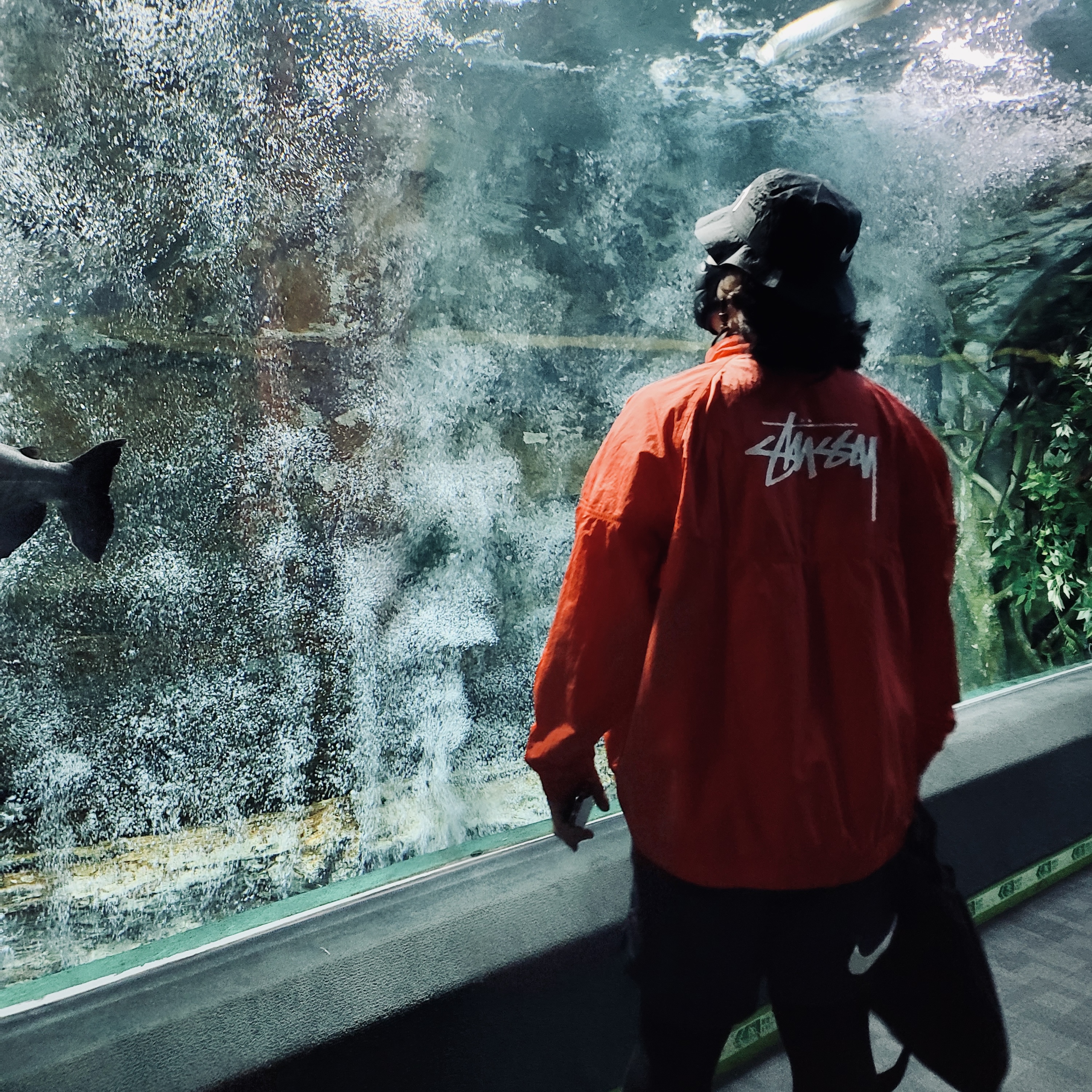 Nike x Stussy Windrunner Jacket Habanero Red, Nike x Stussy Bucket Hat Black 착용 스타일