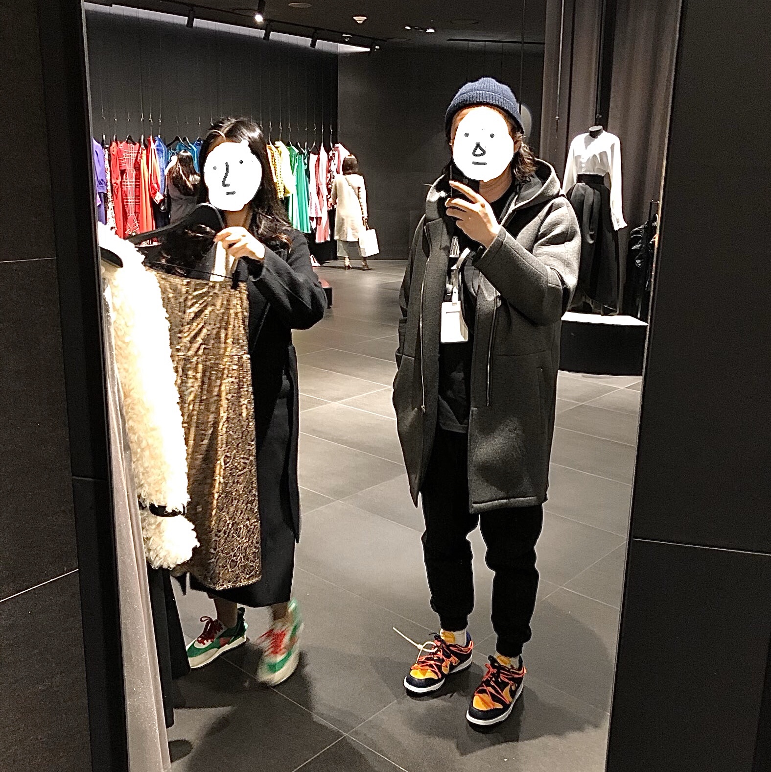 (W) Nike x Undercover Daybreak Lucky Green Red, Nike x Off-White Dunk Low University Gold Midnight Navy 착용 스타일