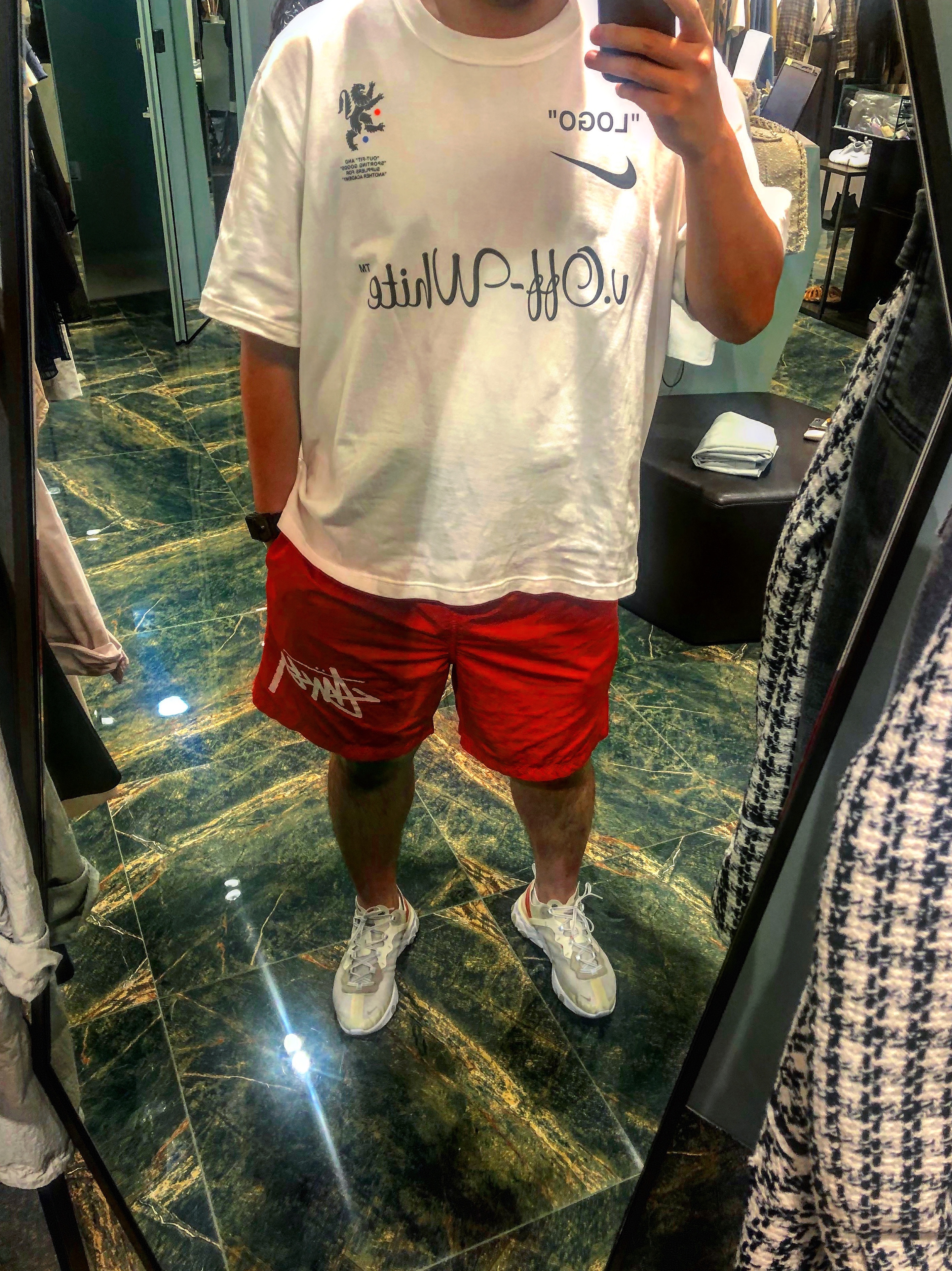 Nike x Stussy Water Shorts Habanero Red, Nike React Element 87 Sail Light Bone 착용 스타일