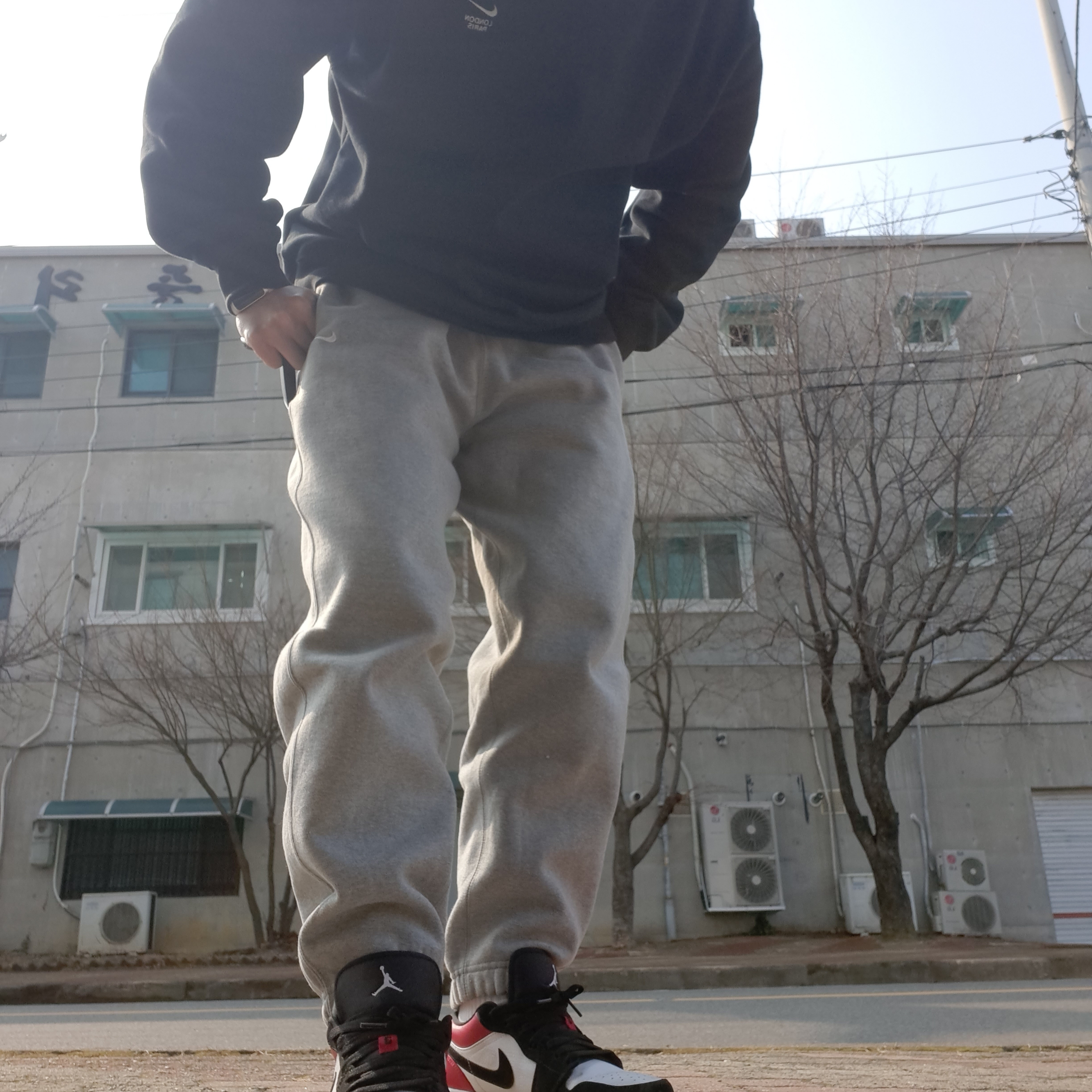 Jordan 1 Low Black Toe, Nike NRG Solo Swoosh Fleece Pants Dark Grey Heather - US/EU 착용 스타일