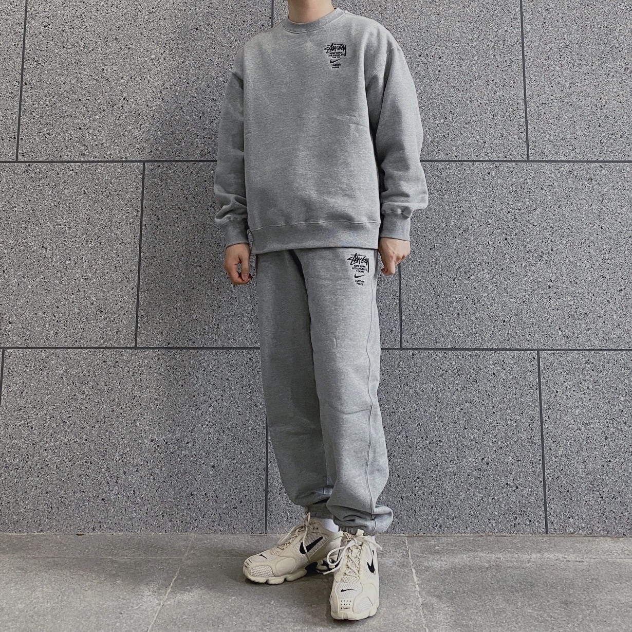 Nike x Stussy NRG ZR Fleece Crewneck Heather Grey - Asia, Nike x Stussy NRG ZR Fleece Pants Heather Grey - US/EU 착용 스타일
