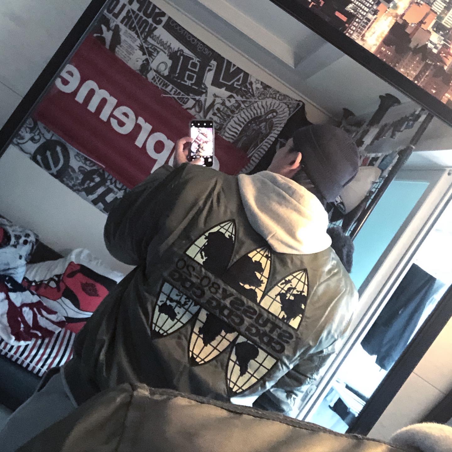 Stussy x CDG MA-1 Jacket Olive, Nike NRG Solo Swoosh Fleece Pants Dark Grey Heather - US/EU 착용 스타일 - 2