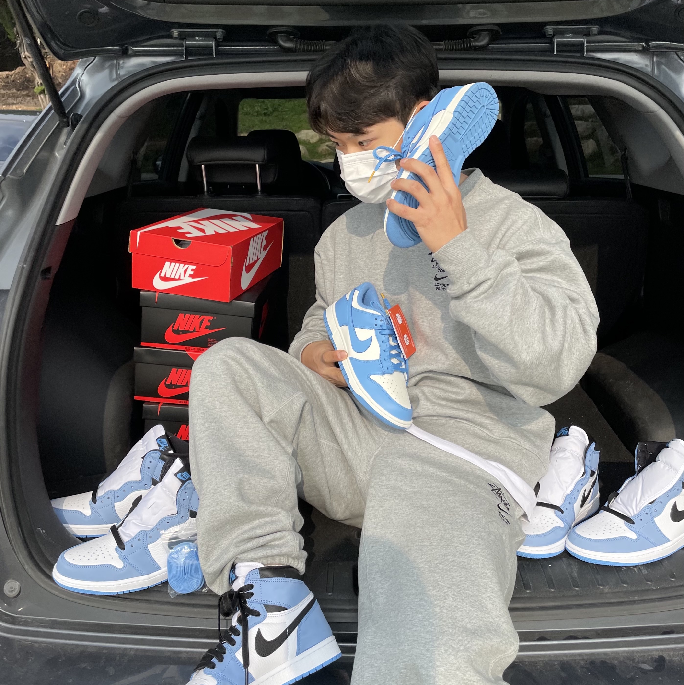 Jordan 1 Retro High OG University Blue, Nike x Stussy NRG ZR Fleece Pants Heather Grey - US/EU 착용 스타일