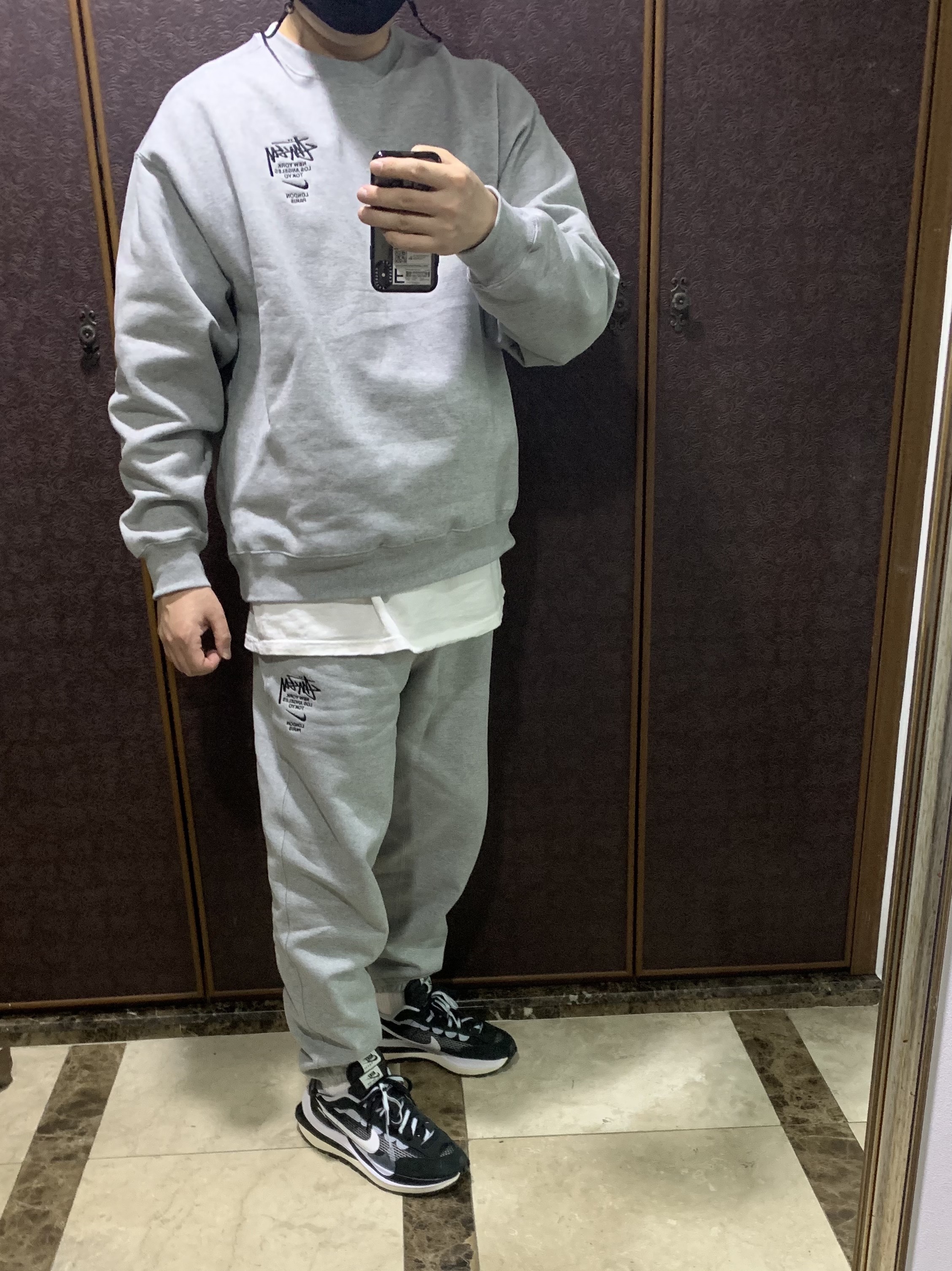 Nike x Stussy NRG ZR Fleece Crewneck Heather Grey - Asia, Nike x Stussy NRG ZR Fleece Pants Heather Grey - Asia 착용 스타일