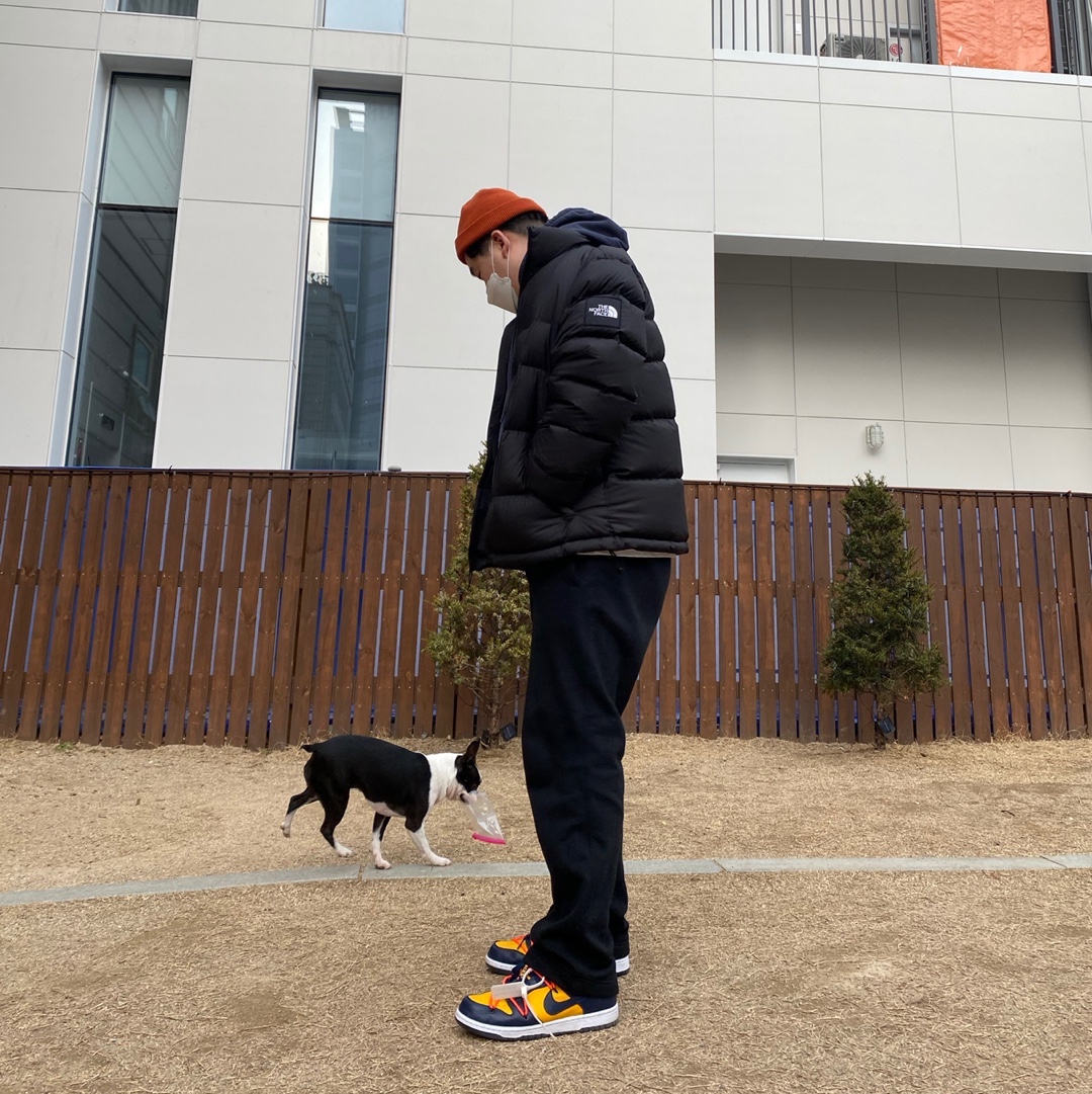 Nike x Off-White Dunk Low University Gold Midnight Navy 착용 스타일