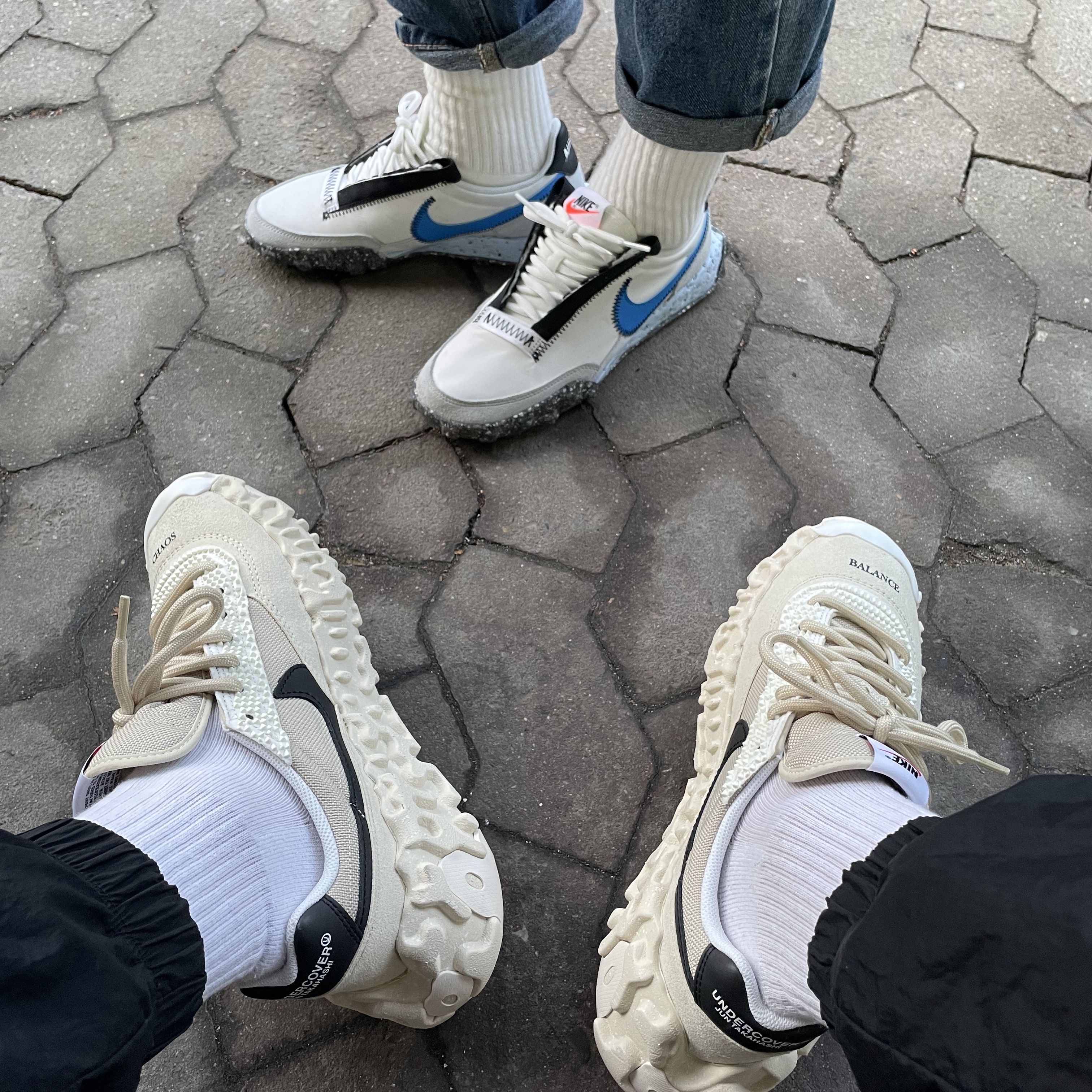 Nike x Undercover Overbreak SP Overcast, (W) Nike Waffle Racer Crater Photo Blue 착용 스타일