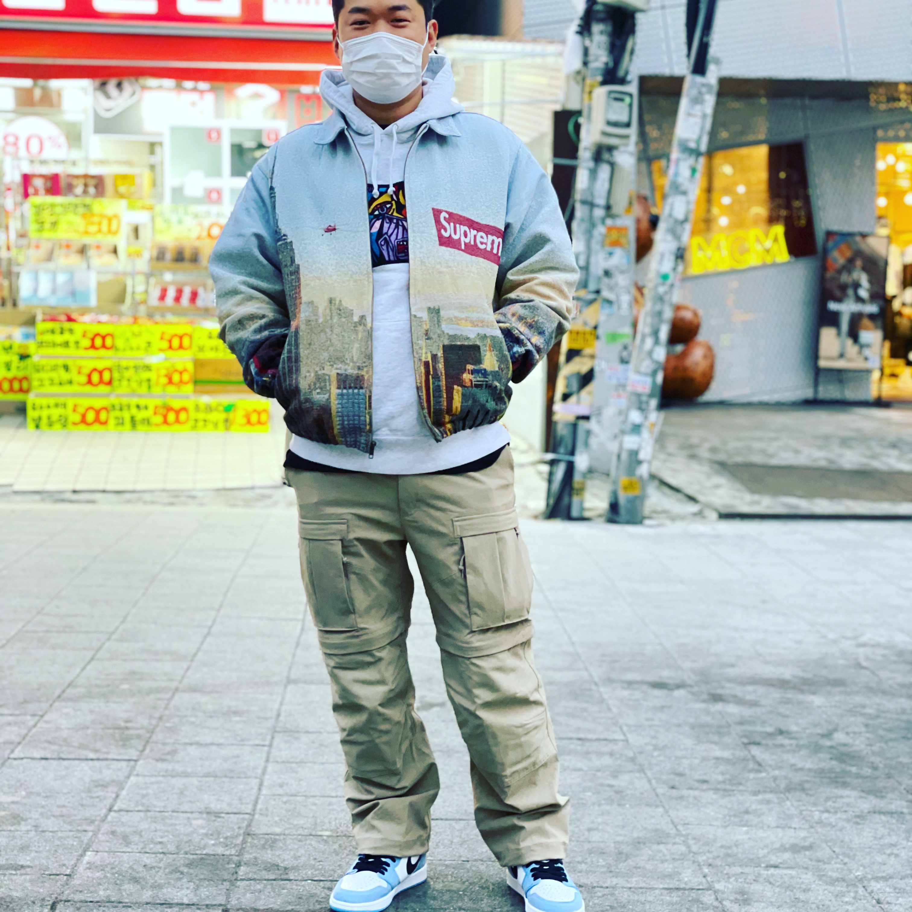 Supreme Aerial Tapestry Harrington Jacket - 20FW, Jordan 1 Retro High OG University Blue 착용 스타일