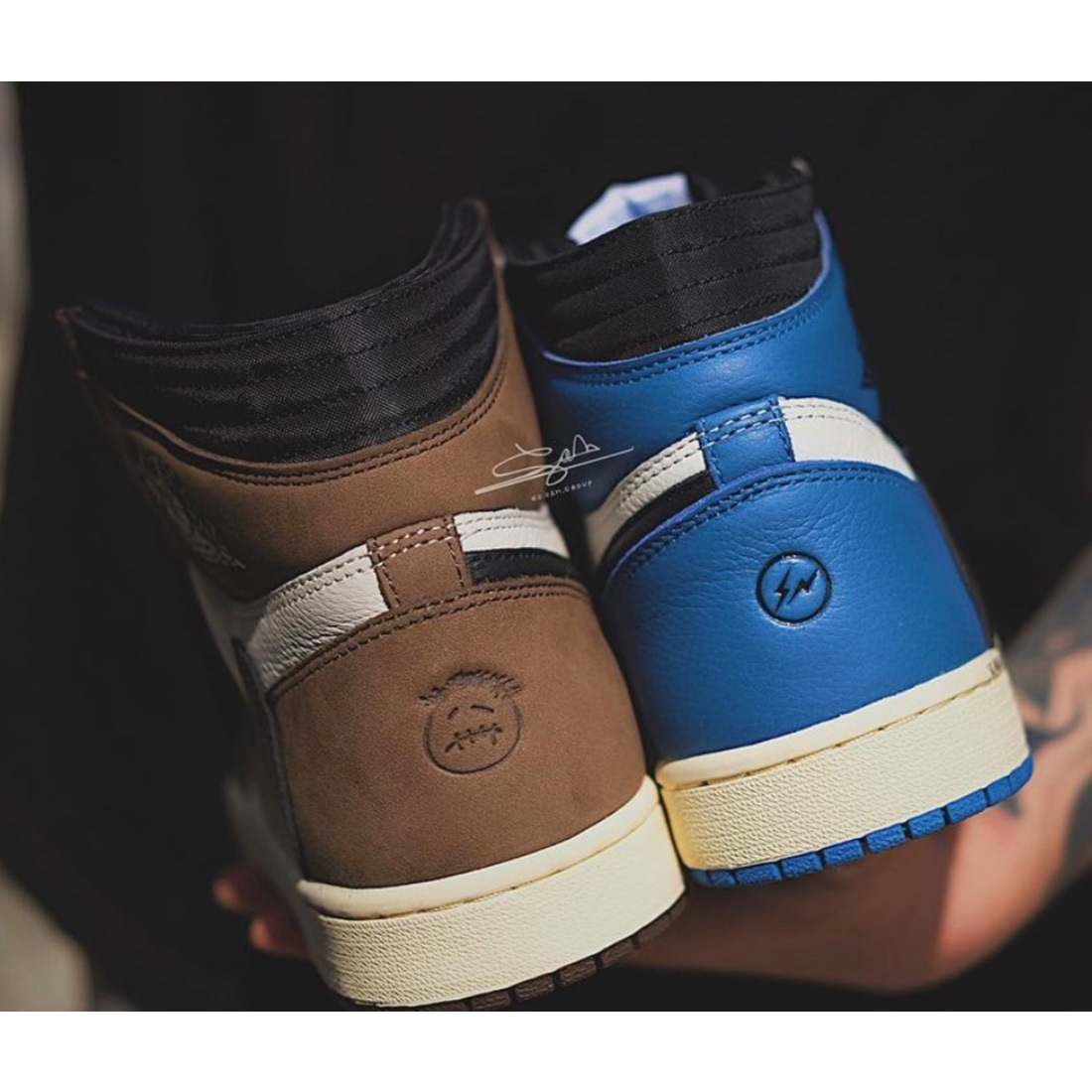 Jordan 1 x Travis Scott x Fragment Retro High OG SP Military Blue, Jordan 1 x Travis Scott Retro High OG SP Mocha 착용 스타일 - 3