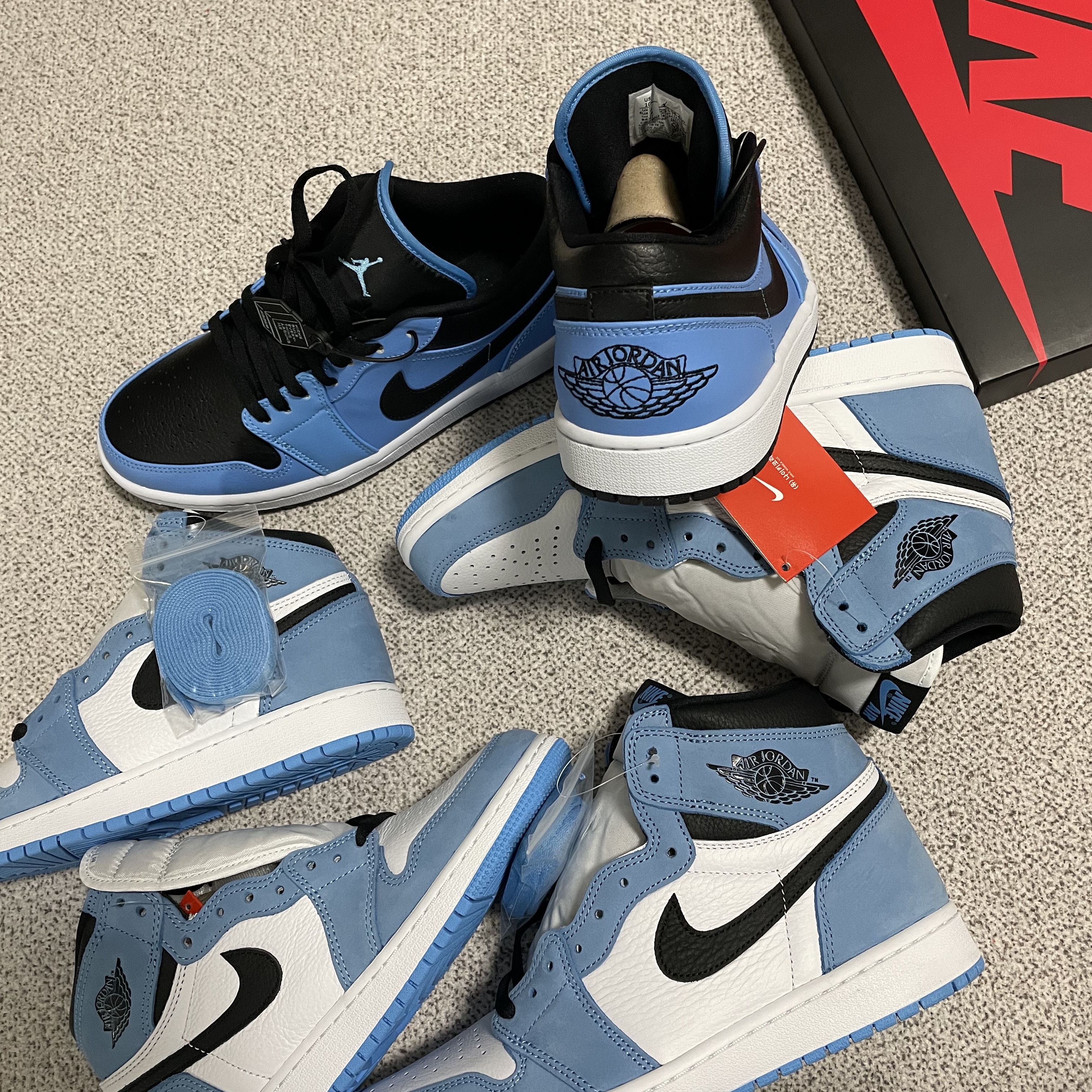 Jordan 1 Low University Blue Black, Jordan 1 Retro High OG University Blue 착용 스타일