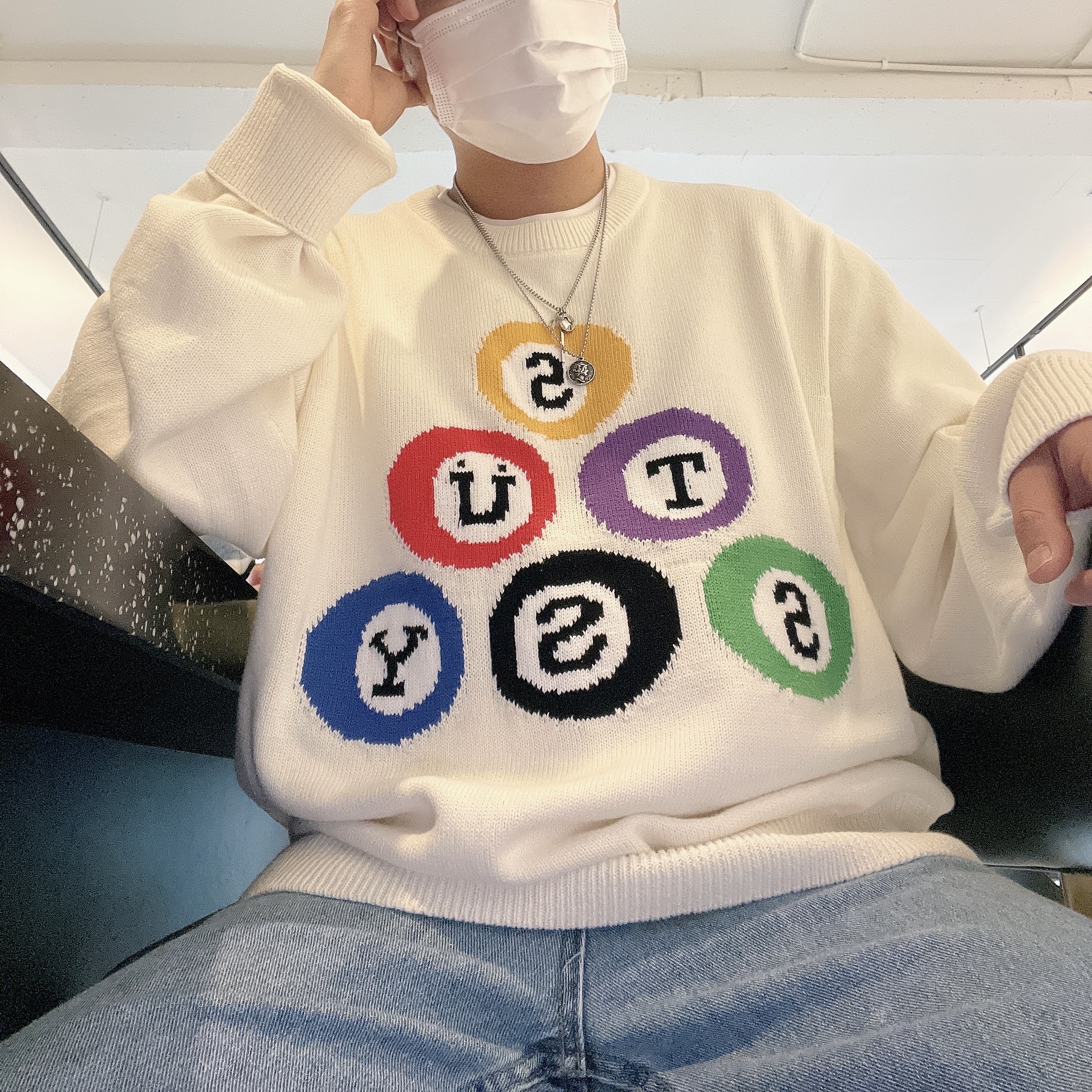 Stussy Billiard Sweater Natural 착용 스타일