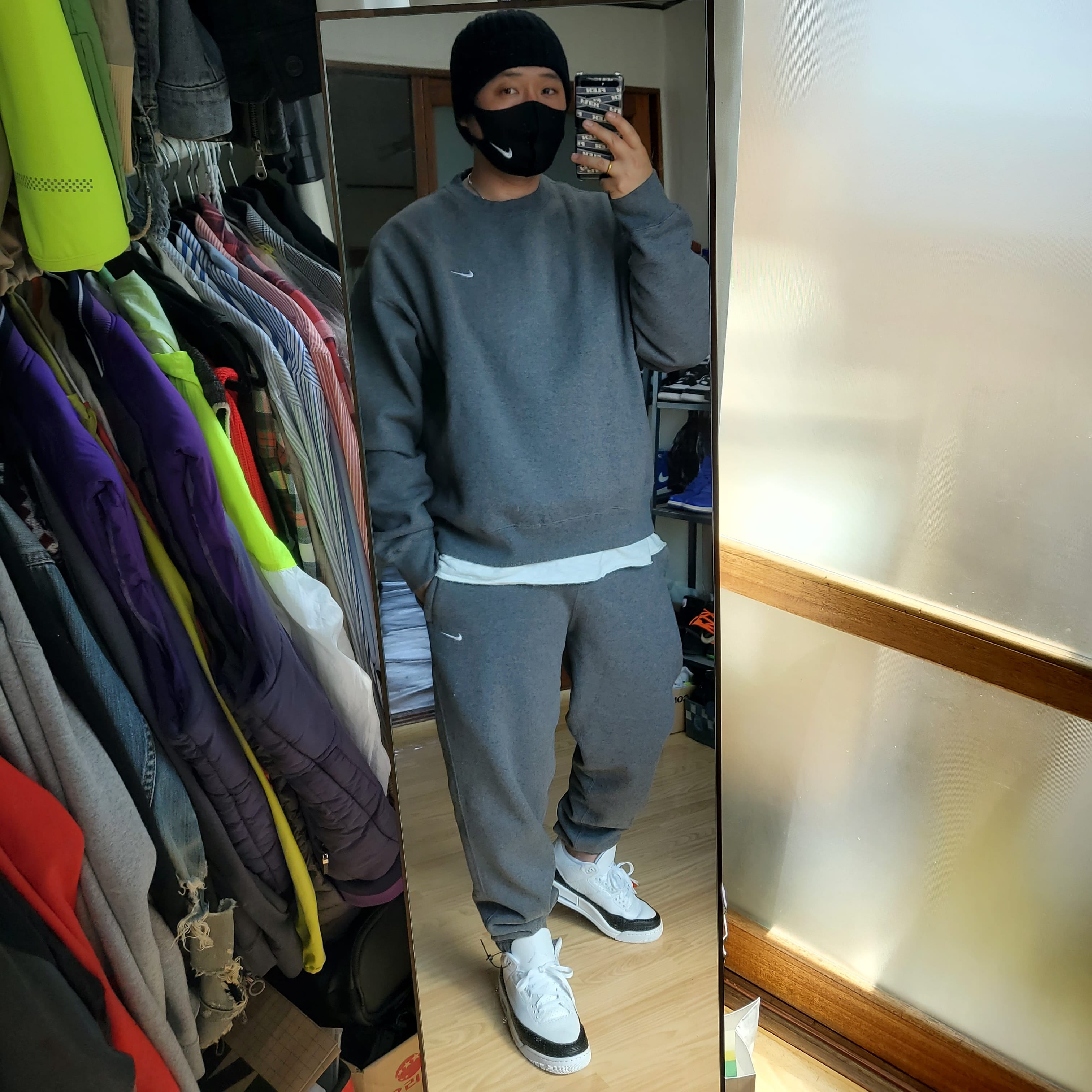 Nike M NRG Sweatpants Wash Charcoal Heather White, Nike M NRG Crew Wash Charcoal Heather 착용 스타일 - 1