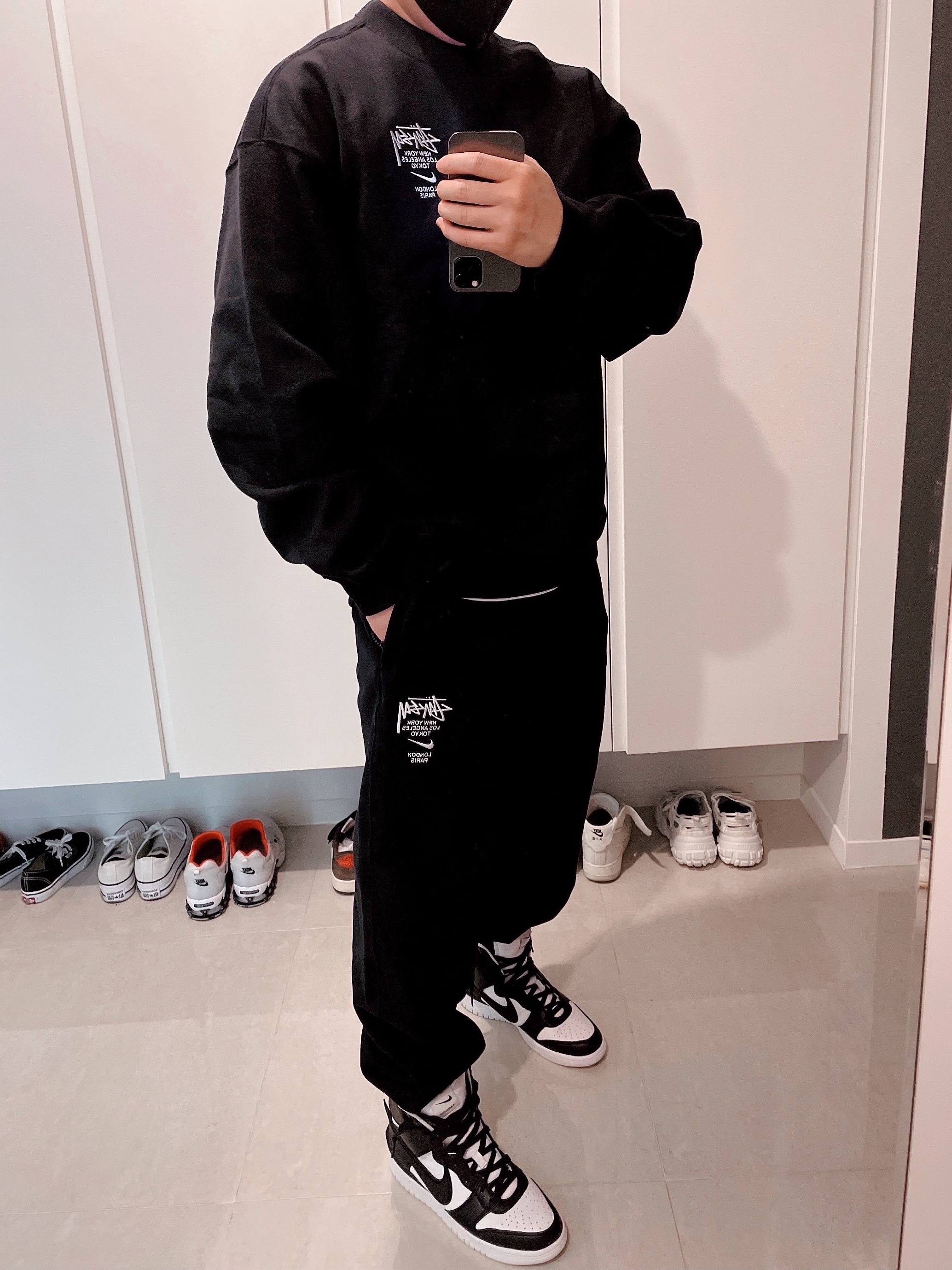 Nike x Stussy NRG ZR Fleece Crewneck Black - US/EU, Nike x Stussy NRG ZR Fleece Pants Black - US/EU 착용 스타일