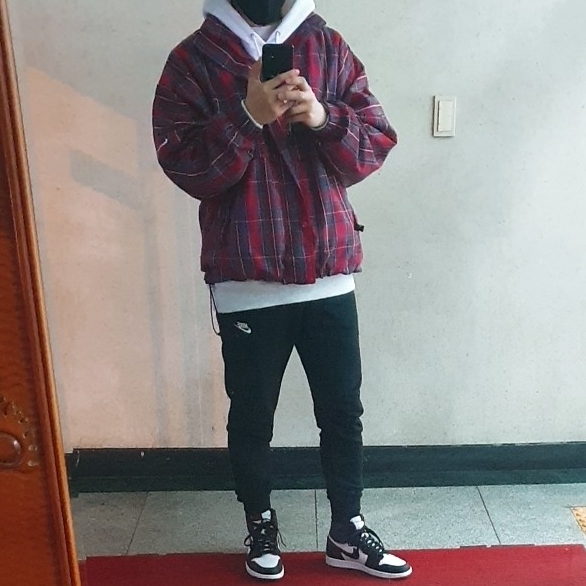 Jordan 1 Retro High OG Bloodline, Nike Plaid Swoosh Stripe Jacket 착용 스타일 - 1