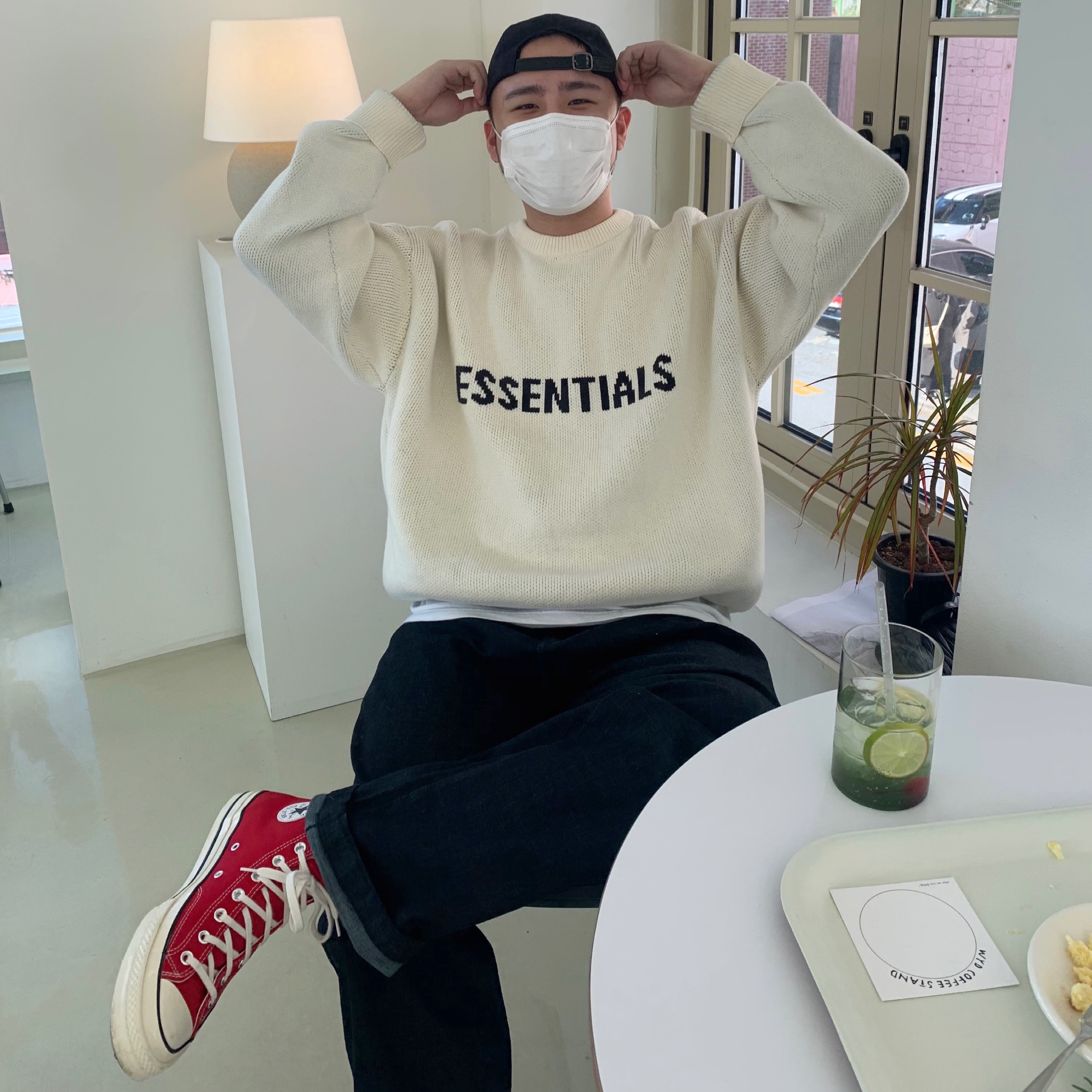 Essentials Knit Sweater Buttercream - 20SS, Supreme Washed Chino Twill Camp Cap Black 착용 스타일