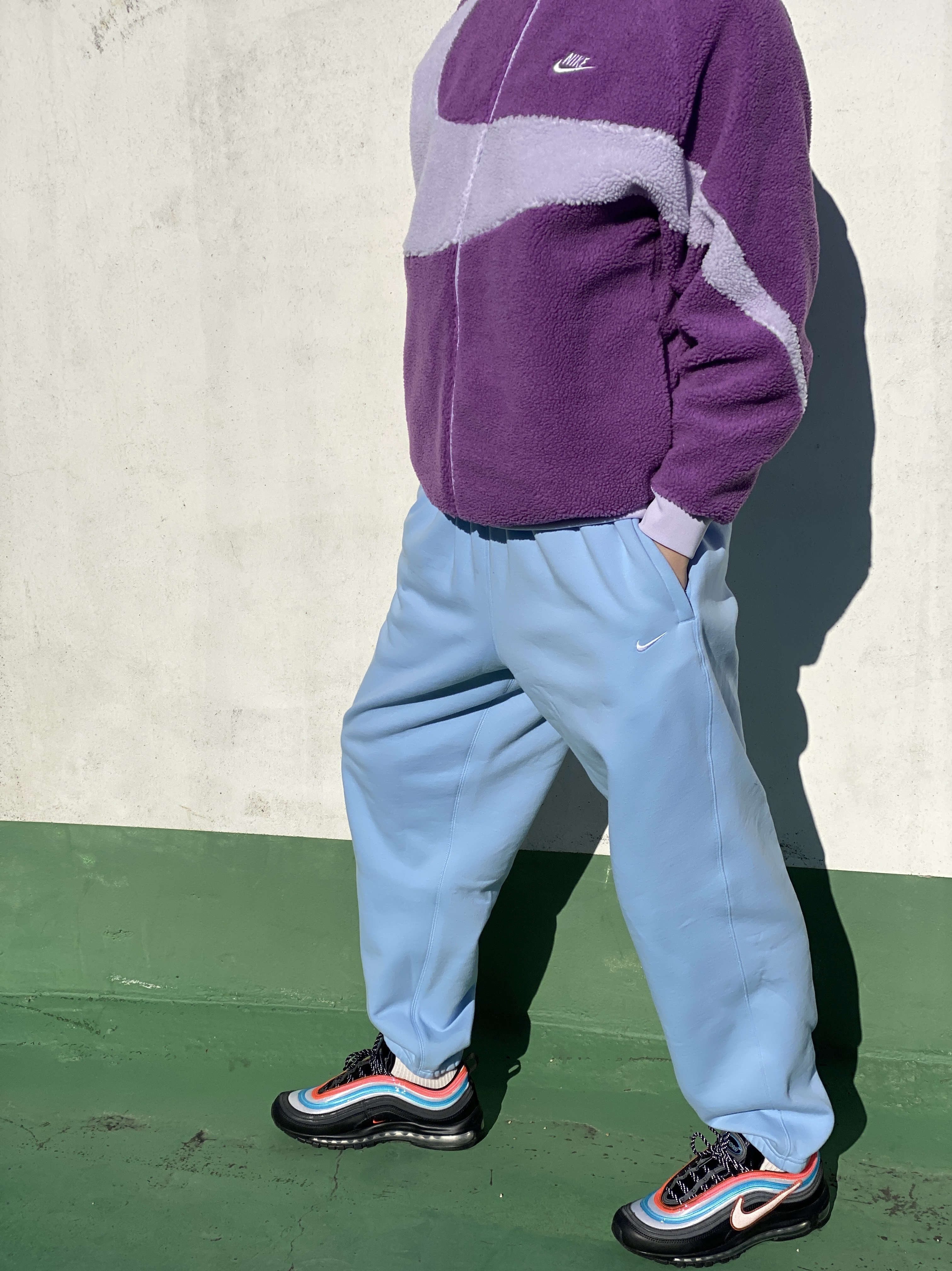 Nike Air Max 97 Neon Seoul, Nike Big Swoosh Full Zip Jacket Purple Violet 착용 스타일