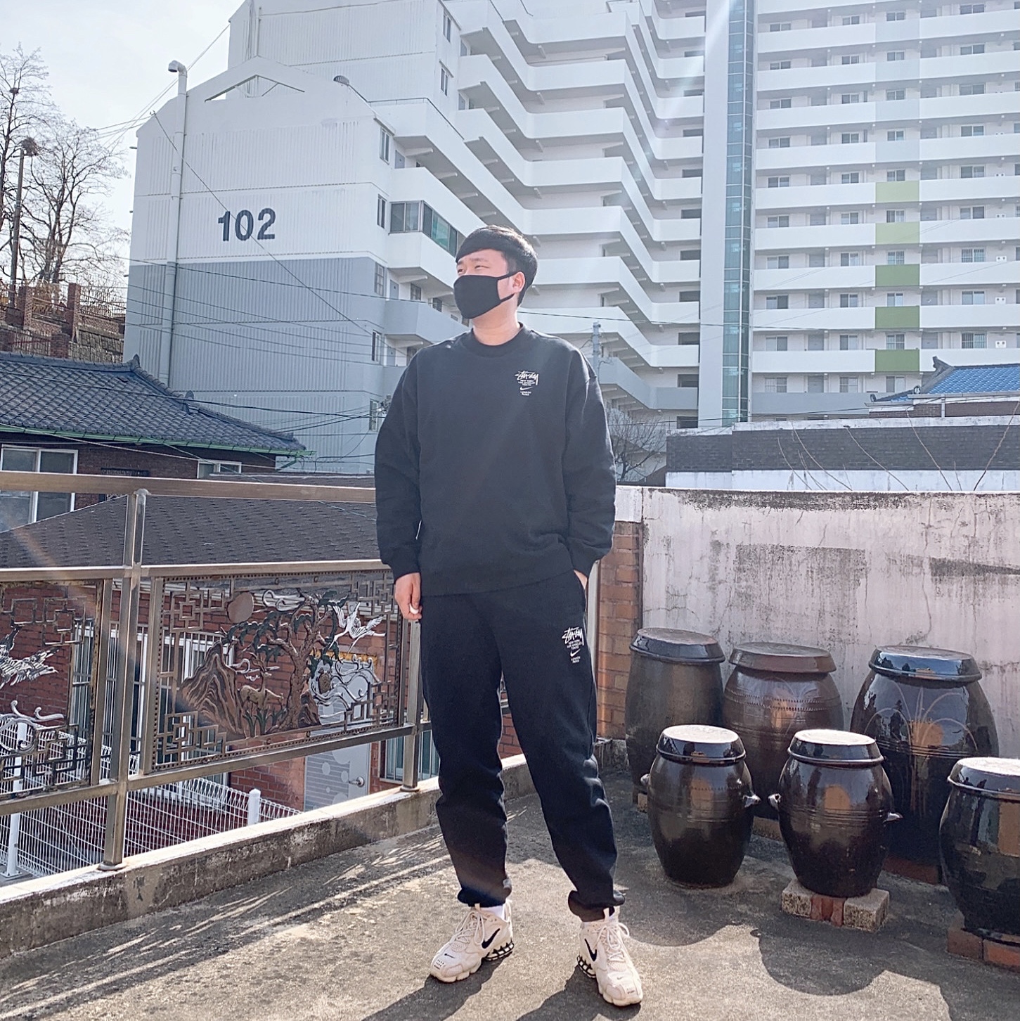 Nike x Stussy NRG ZR Fleece Crewneck Black - US/EU, Nike x Stussy NRG ZR Fleece Pants Black - US/EU 착용 스타일 - 1