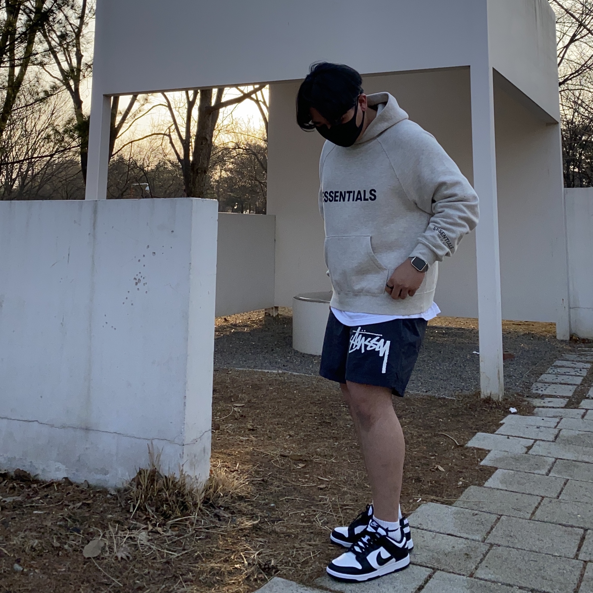 Essentials 3D Silicon Applique Pullover Hoodie Oatmeal/Oatmeal Heather/Light Heather Oatmeal 2020, Nike x Stussy Water Shorts Off Noir 착용 스타일