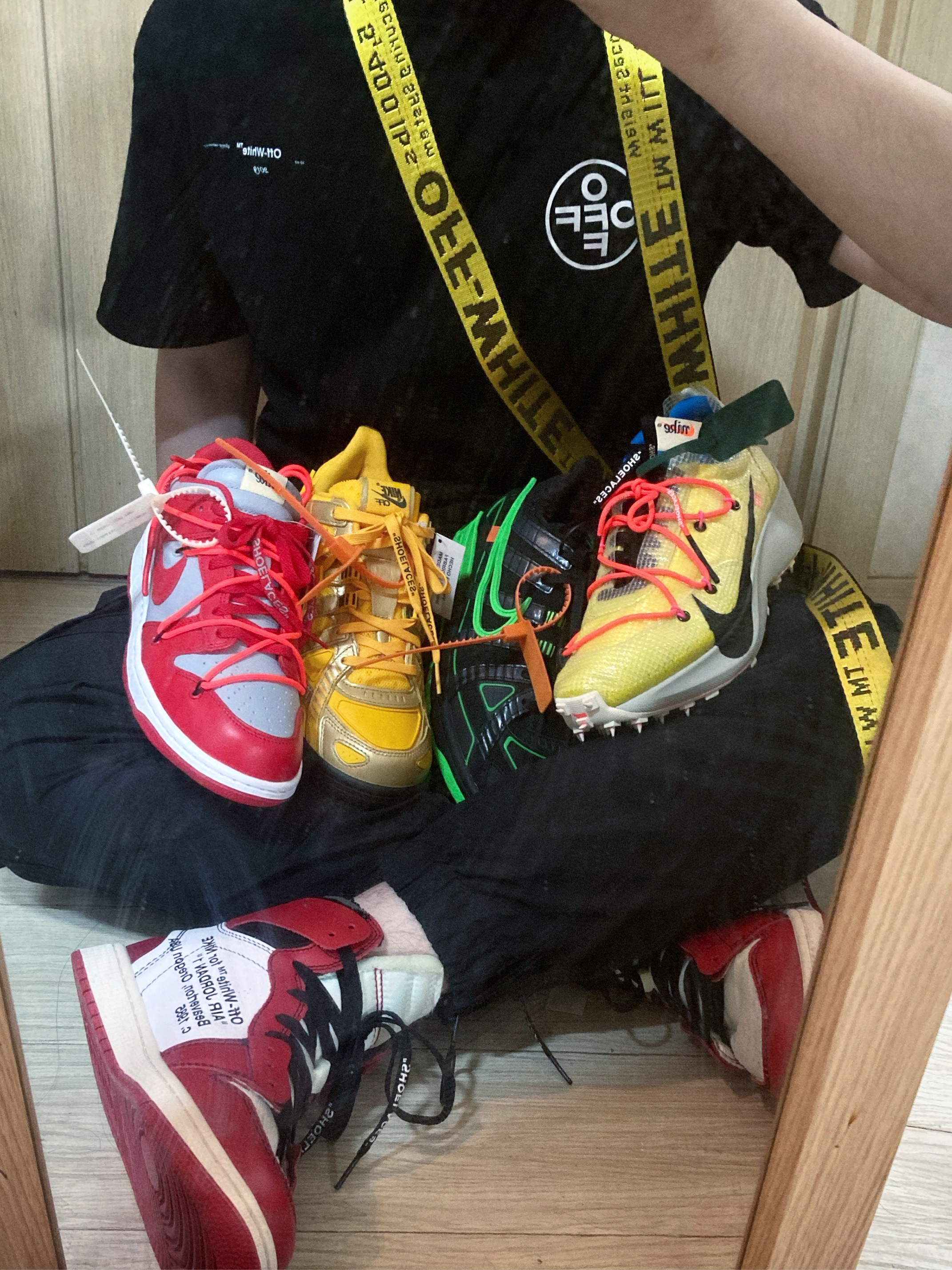 Nike x Off-White Air Rubber Dunk University Gold, Nike x Off-White Dunk Low University Red 착용 스타일
