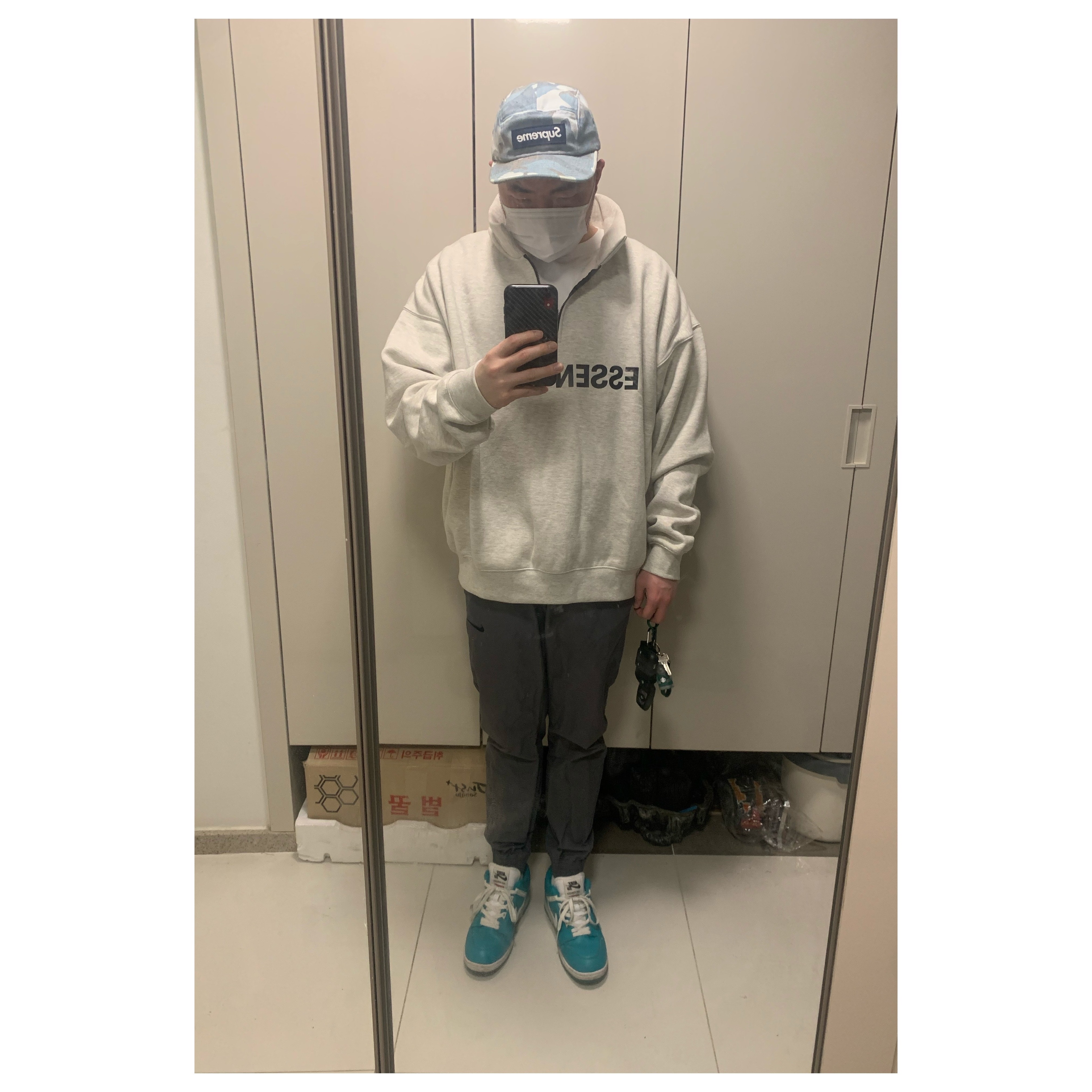 Nike x Supreme SB Air Force 2 Low Blue, Essentials Half-Zip Pullover Oatmeal/Oatmeal Heather/Light Heather Oatmeal 2020 착용 스타일