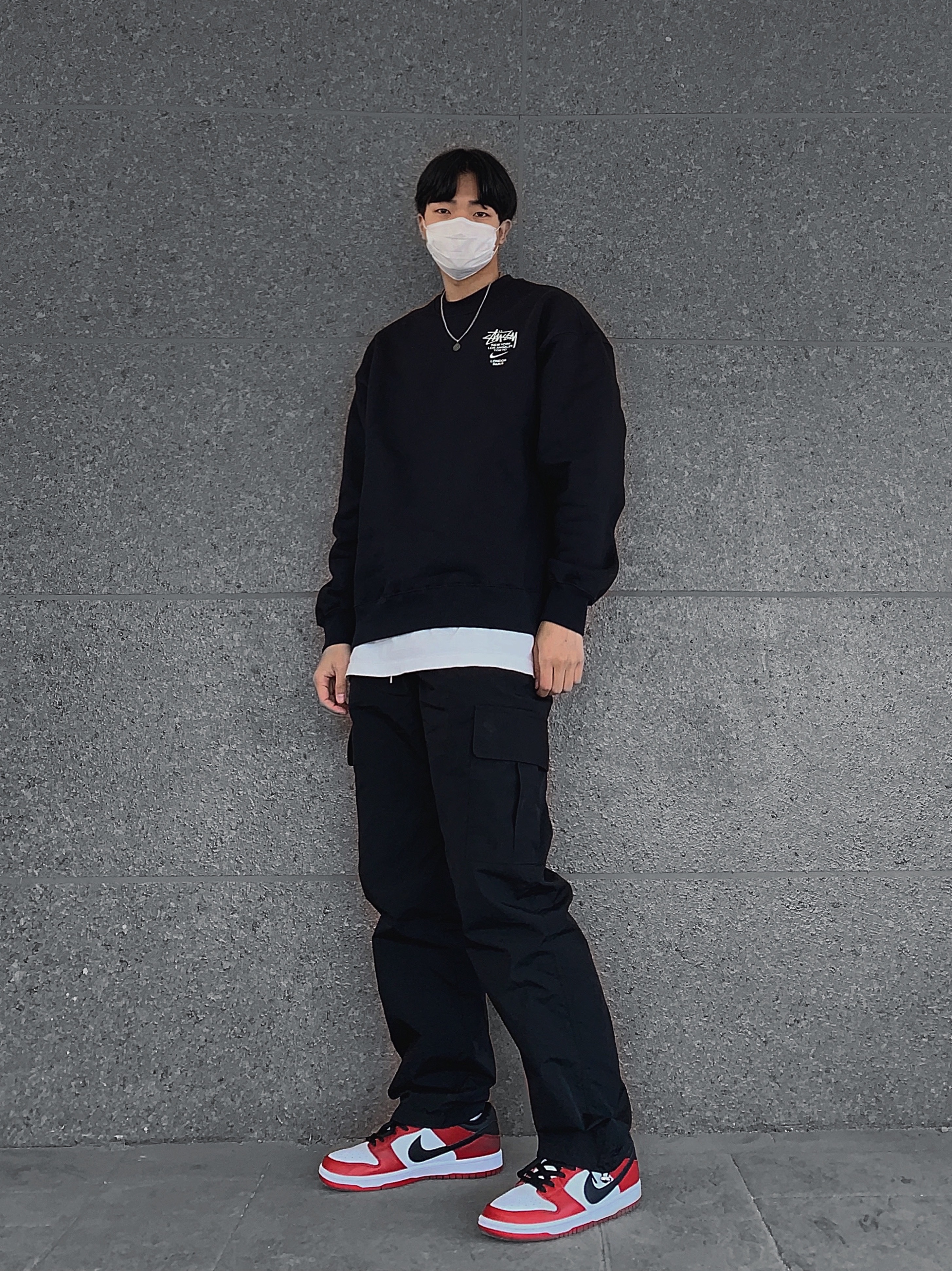 Nike x Stussy NRG ZR Fleece Crewneck Black - US/EU, Nike SB Dunk Low Pro Chicago 착용 스타일