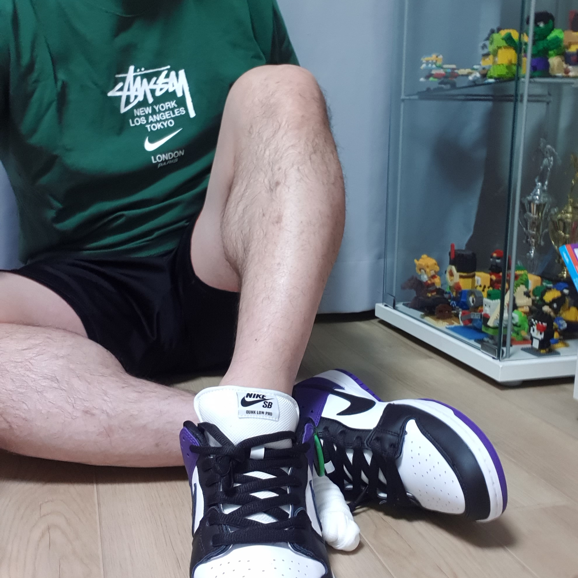 Nike x Stussy WT T-Shirt Green - Asia, Nike SB Dunk Low Pro Court Purple 착용 스타일