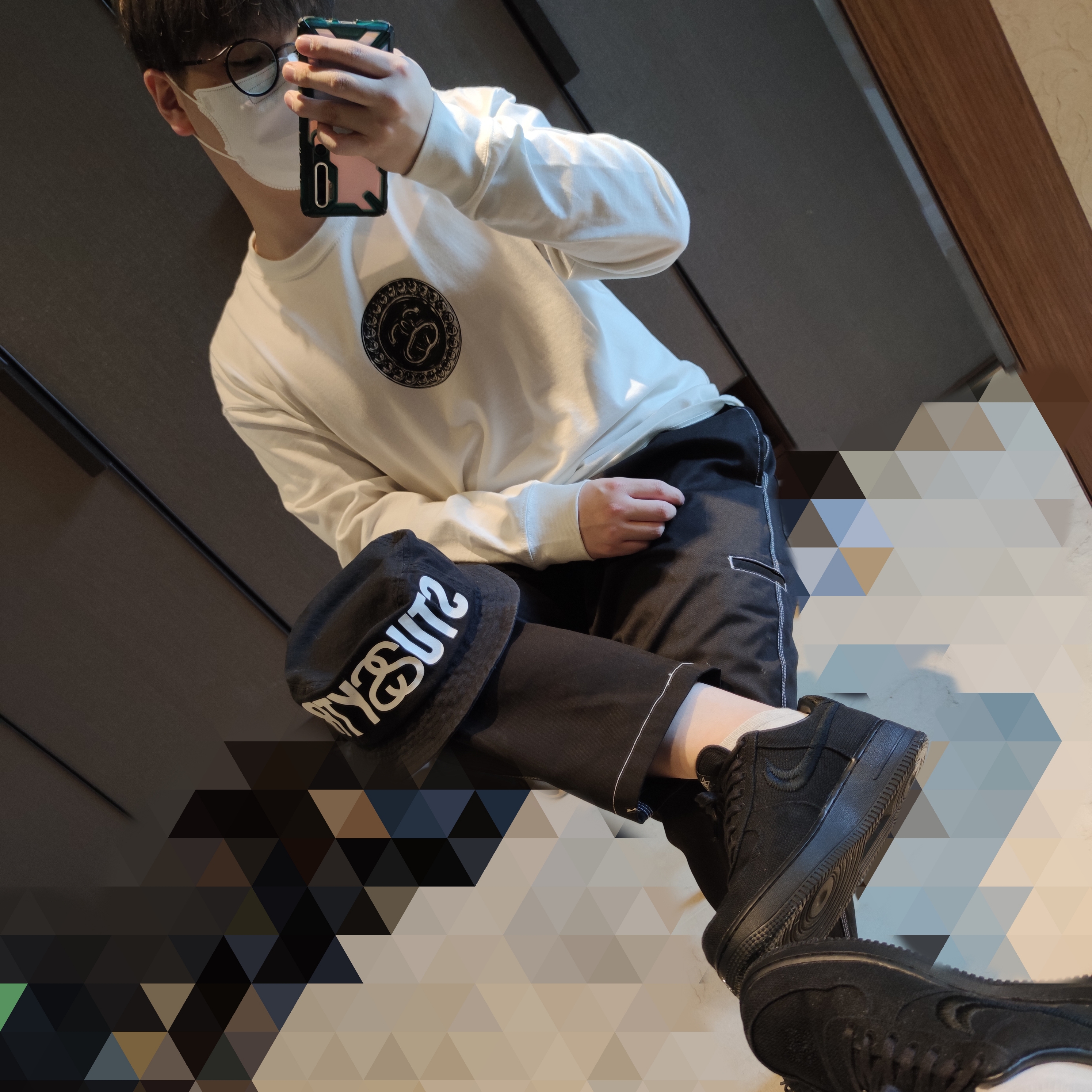 Nike x Stussy Air Force 1 Low Triple Black, Nike x Stussy Big Swoosh LS T-Shirt White - US/EU 착용 스타일