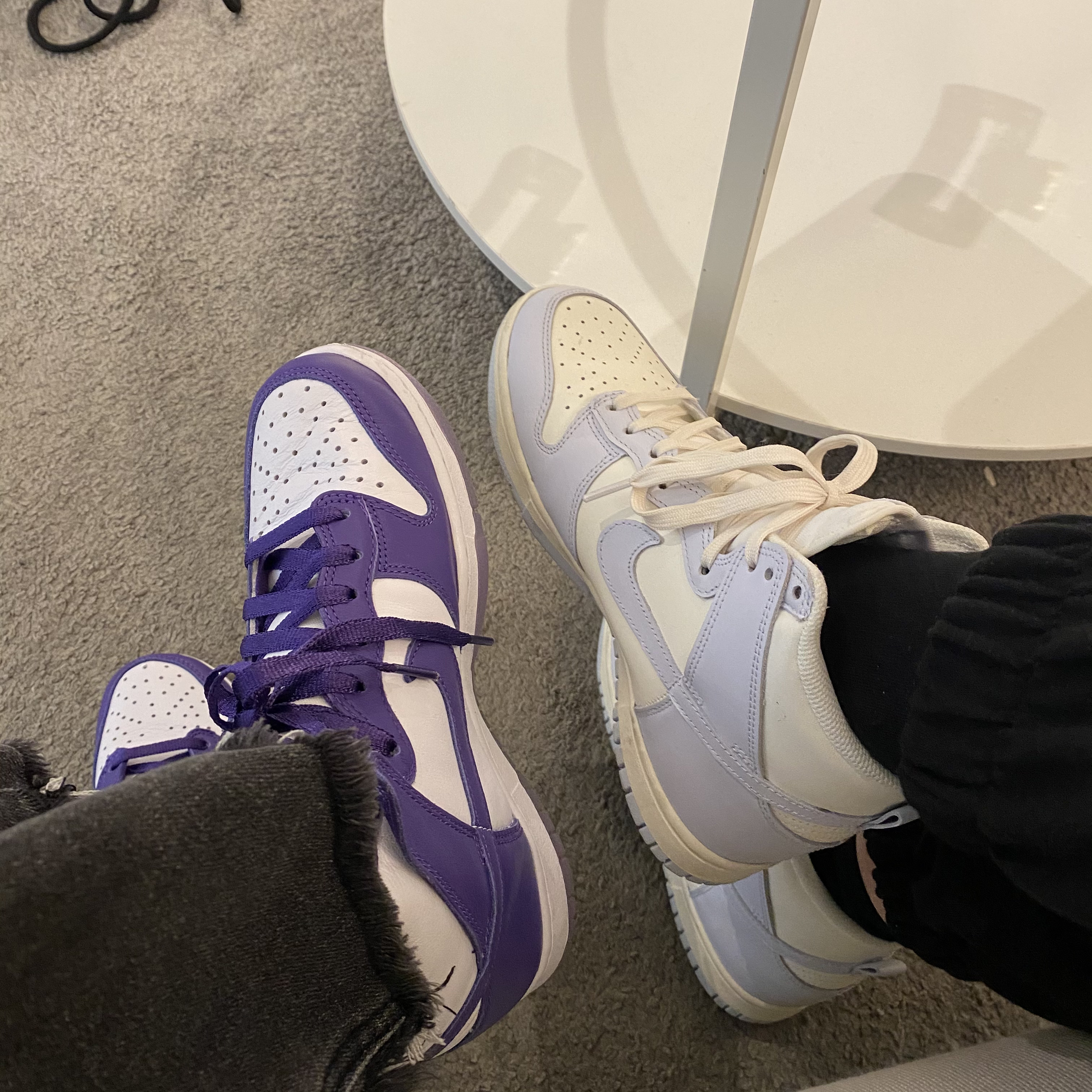 (W) Nike Dunk High Football Grey, (W) Nike Dunk High SP Varsity Purple 착용 스타일