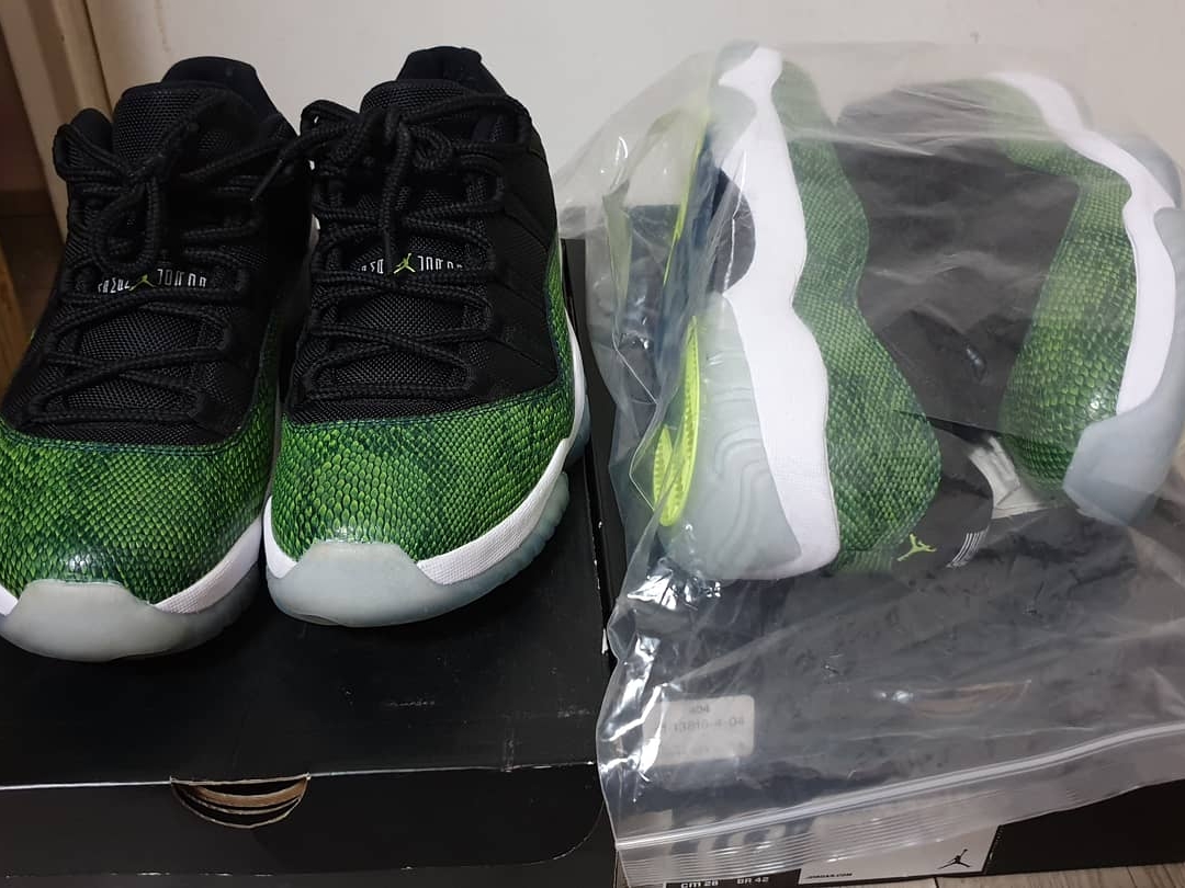 Jordan 11 Retro Low Green Snakeskin, Jordan 11 Retro Low Snake Light Bone 착용 스타일 - 1